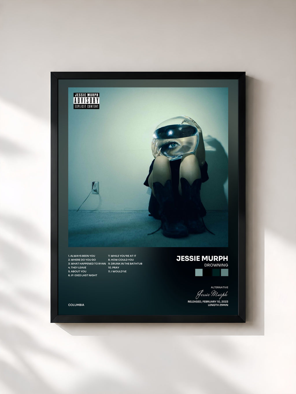 #noir Tableau de l'album drowning de Jessie Murph, cadre noir, imprimé et encadré en France