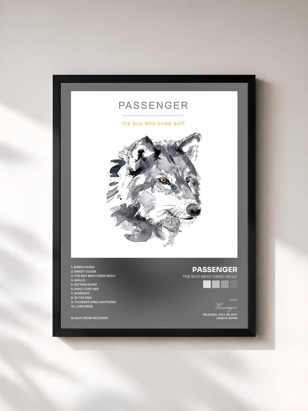 #noir Tableau de l'album The Boy Who Cried Wolf de Passenger, cadre noir, imprimé et encadré en France