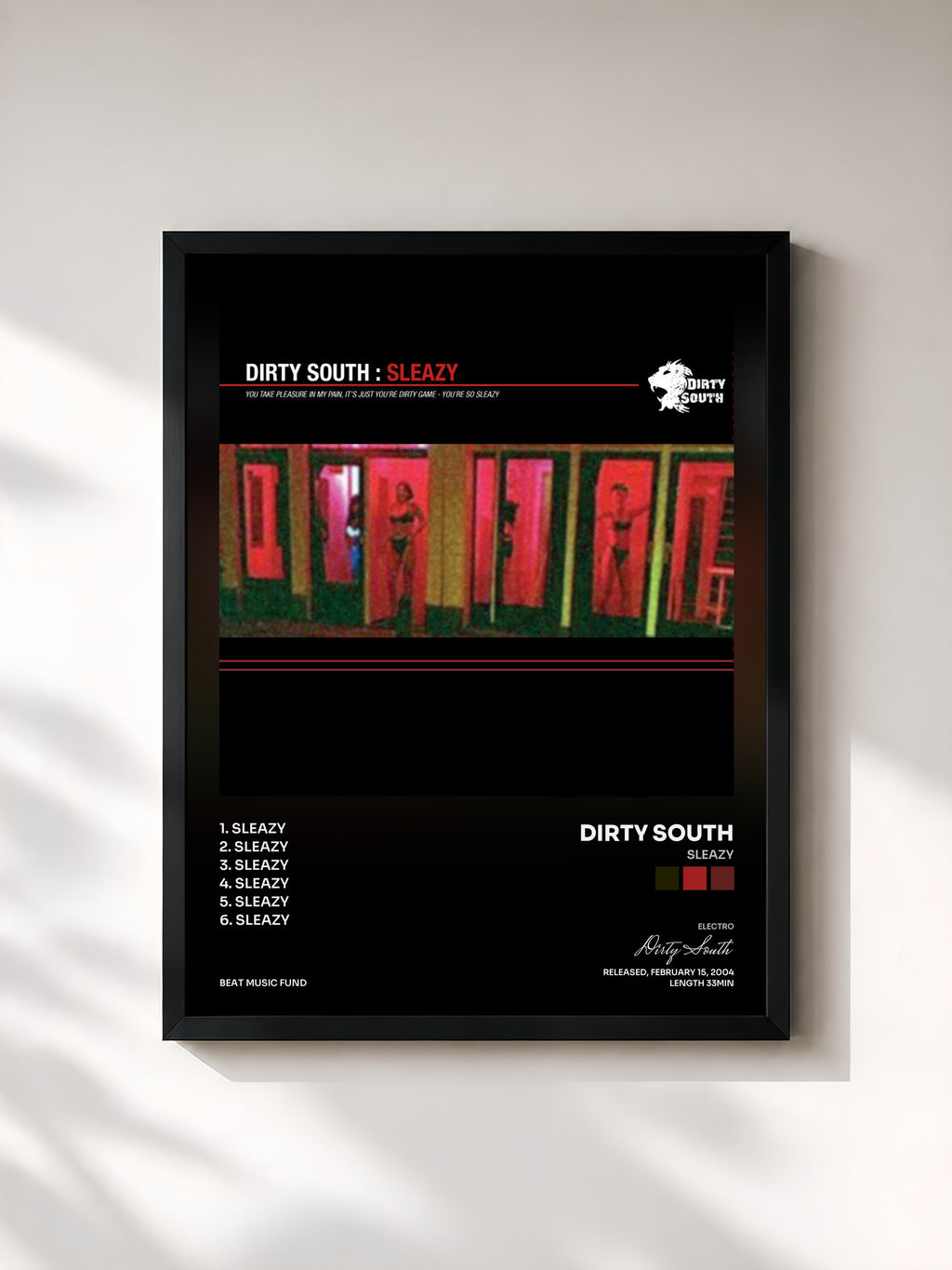 #noir Tableau de l'album Sleazy de Dirty South, cadre noir, imprimé et encadré en France
