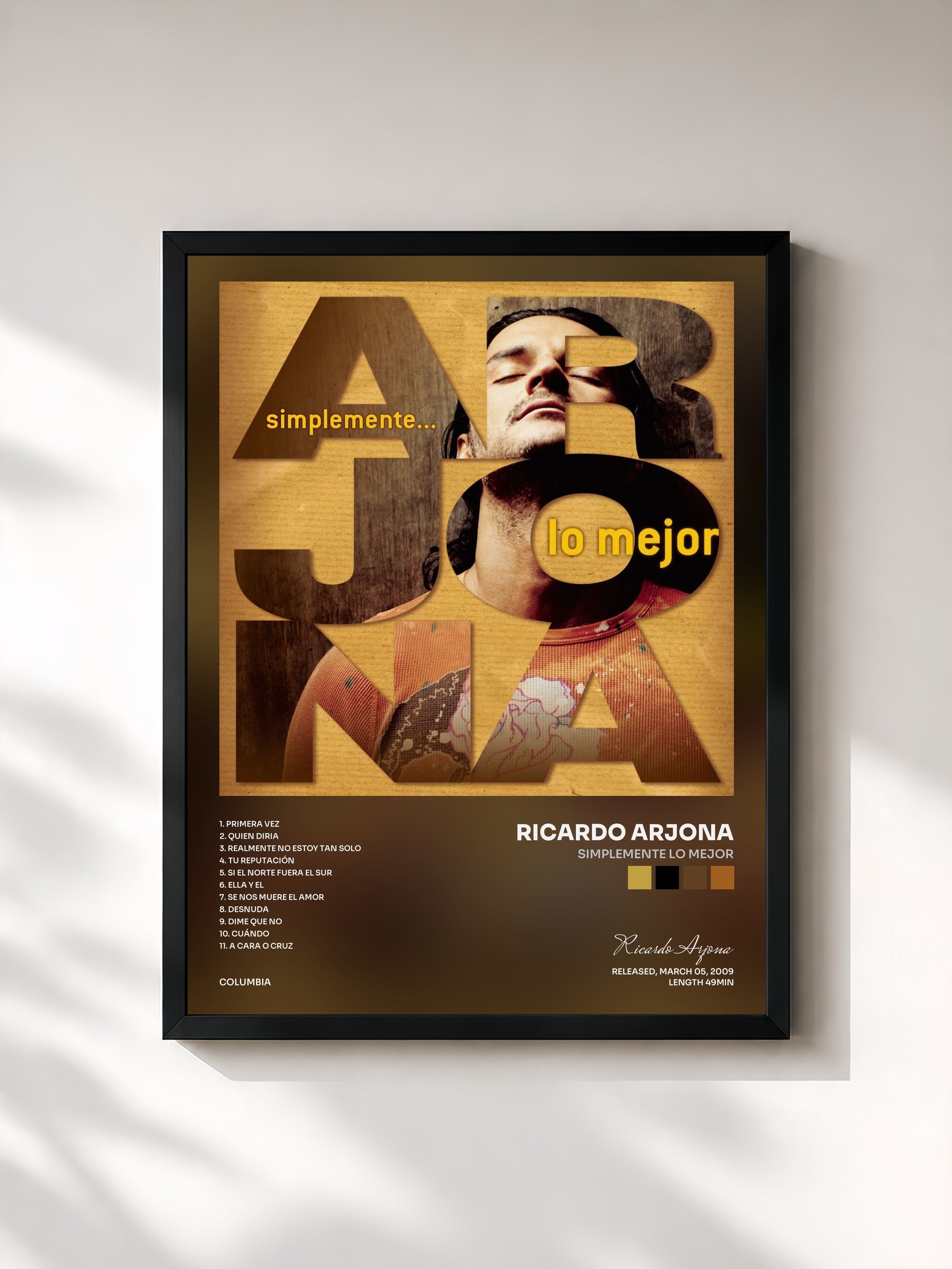 #noir Tableau de l'album Simplemente Lo Mejor de Ricardo Arjona, cadre noir, imprimé et encadré en France