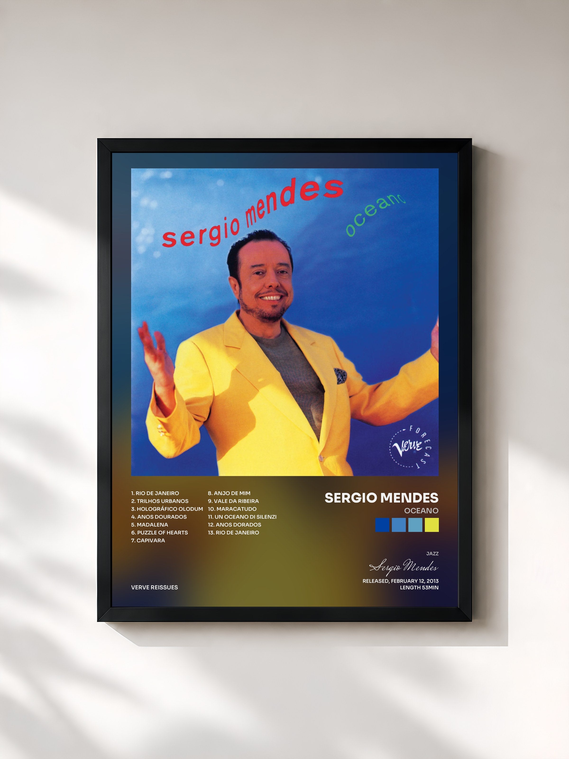#noir Tableau de l'album Oceano de Sergio Mendes, cadre noir, imprimé et encadré en France