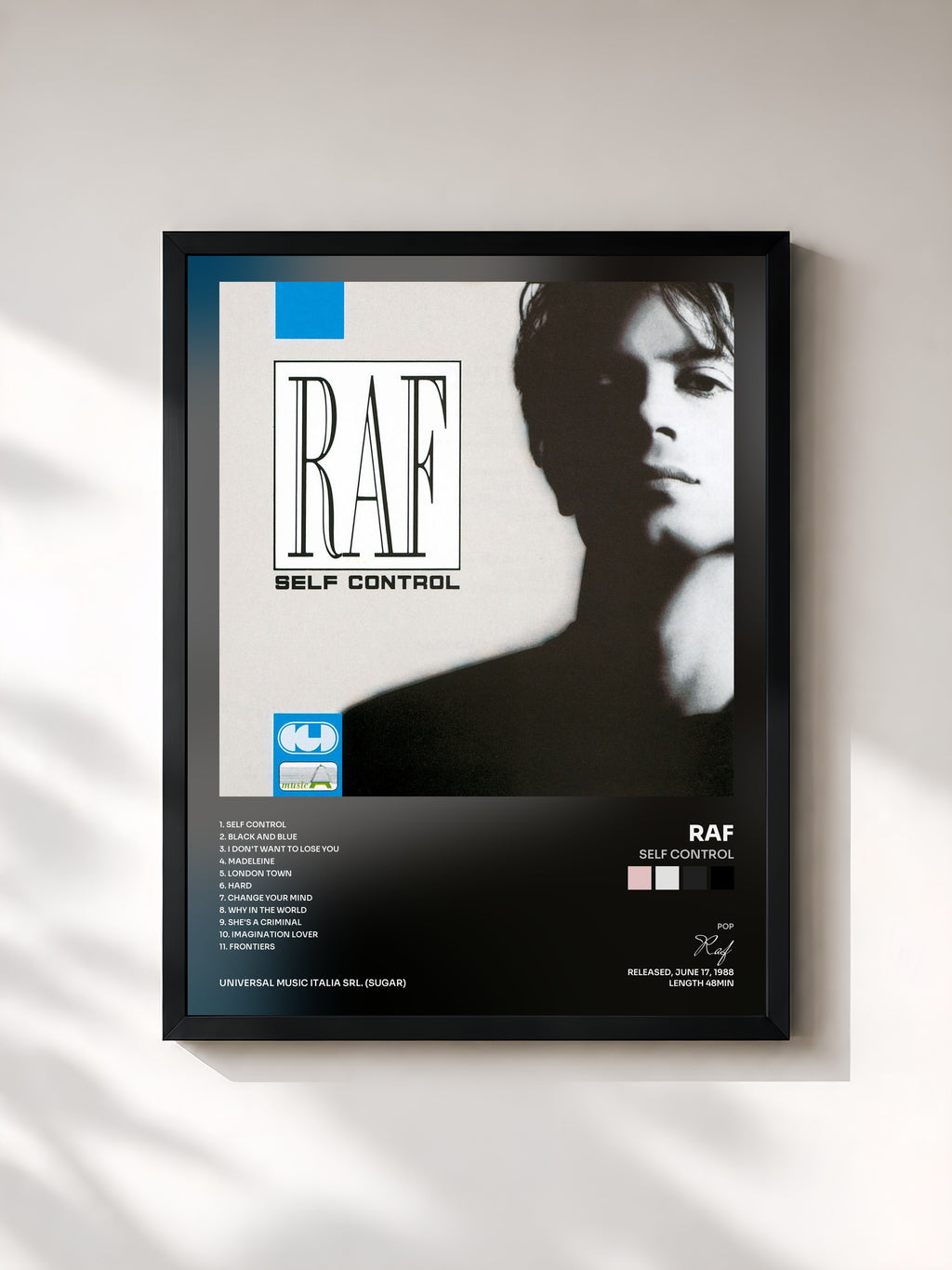 #noir Tableau de l'album Self Control de Raf, cadre noir, imprimé et encadré en France