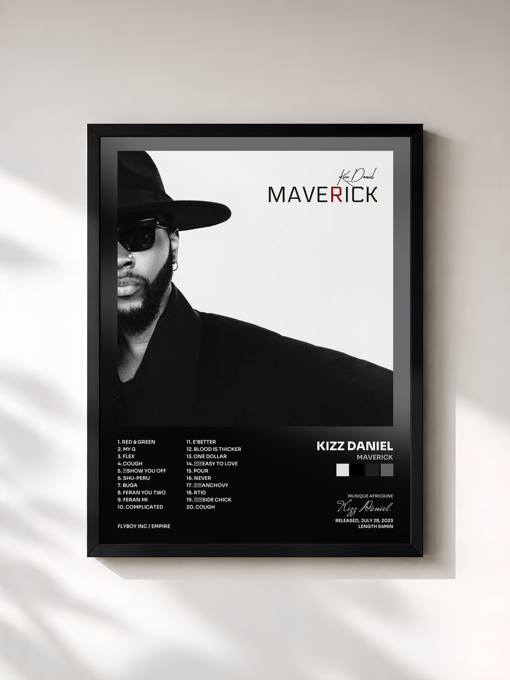 #noir Tableau de l'album Maverick de Kizz Daniel, cadre noir, imprimé et encadré en France