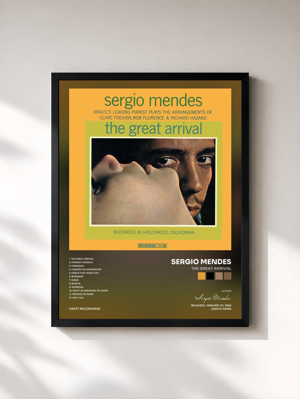 #noir Tableau de l'album The Great Arrival de Sergio Mendes, cadre noir, imprimé et encadré en France