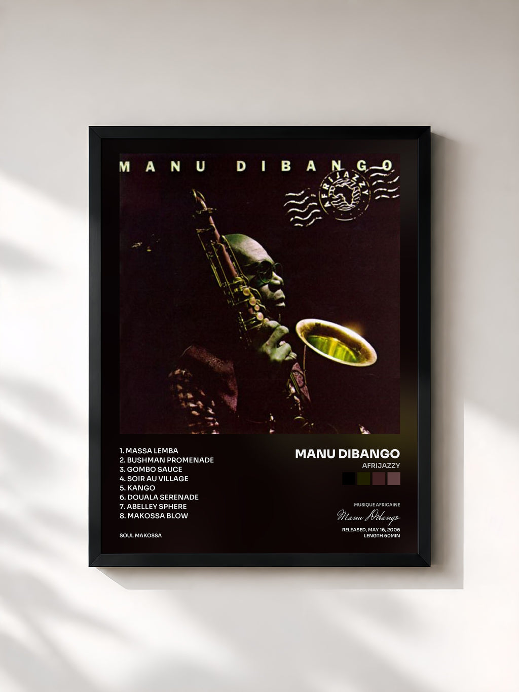 #noir Tableau de l'album Afrijazzy de Manu Dibango, cadre noir, imprimé et encadré en France