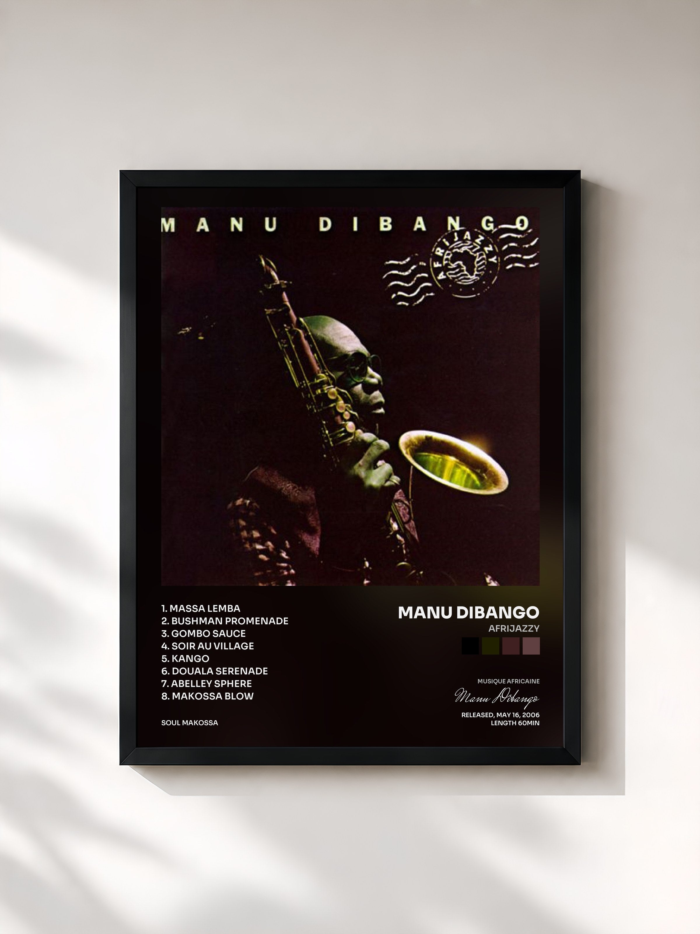 #noir Tableau de l'album Afrijazzy de Manu Dibango, cadre noir, imprimé et encadré en France