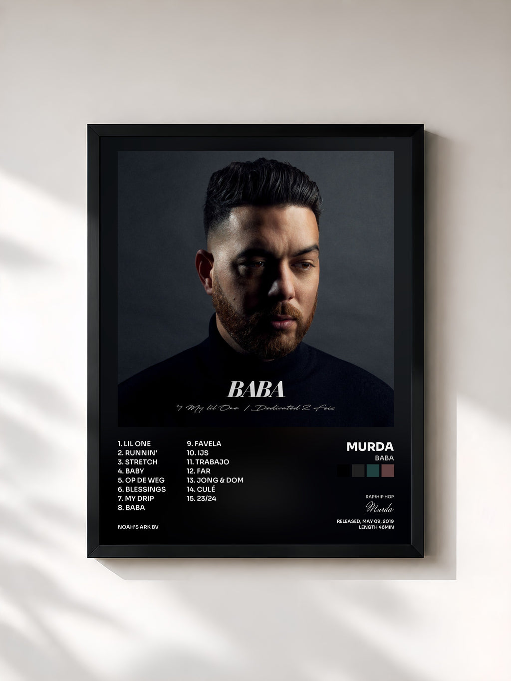 #noir Tableau de l'album BABA de Murda, cadre noir, imprimé et encadré en France