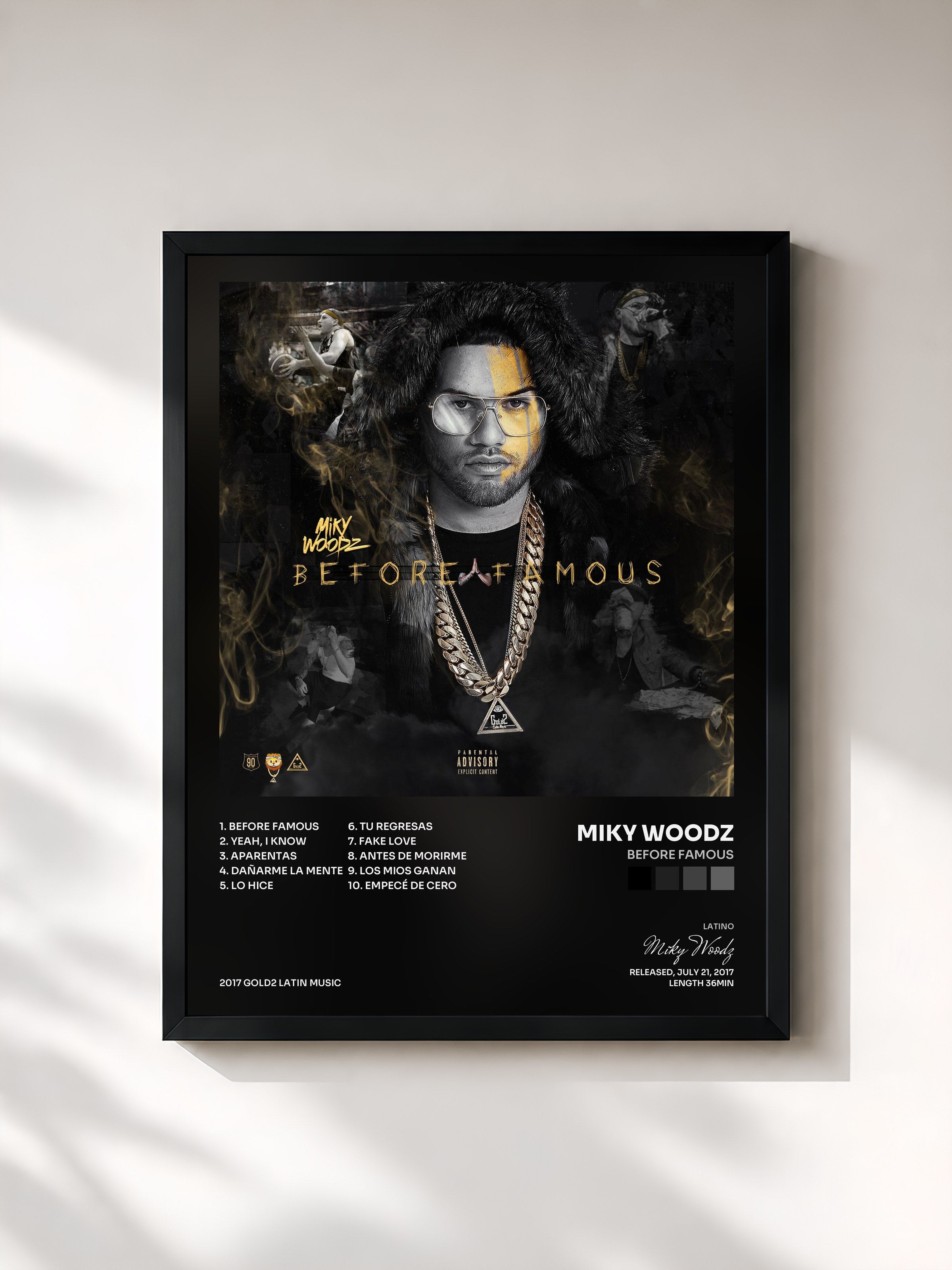 #noir Tableau de l'album Before Famous de Miky Woodz, cadre noir, imprimé et encadré en France