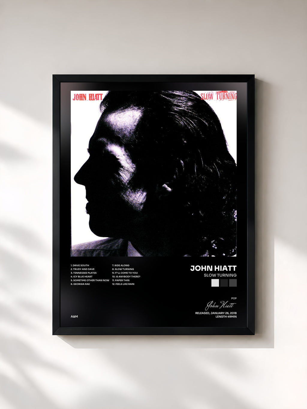 #noir Tableau de l'album Slow Turning de John Hiatt, cadre noir, imprimé et encadré en France