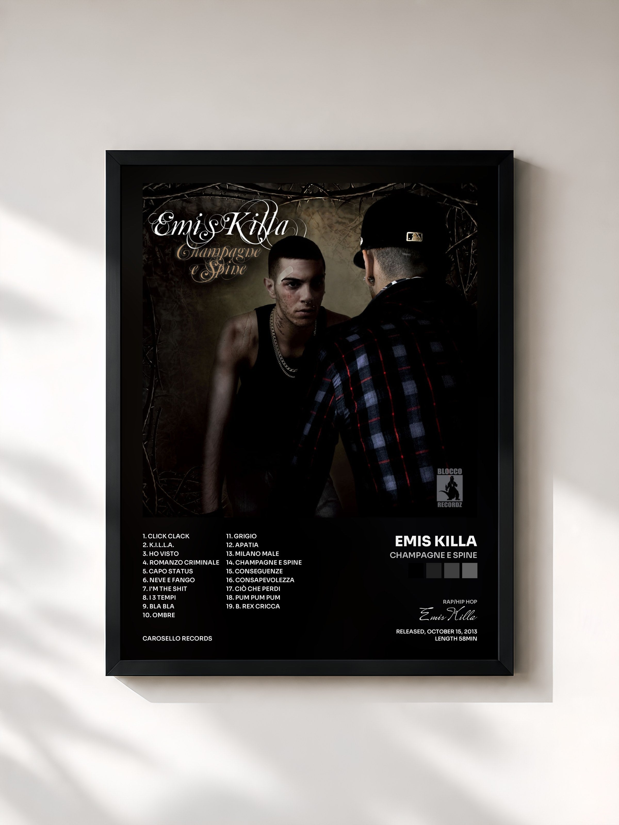 #noir Tableau de l'album Champagne e spine de Emis Killa, cadre noir, imprimé et encadré en France