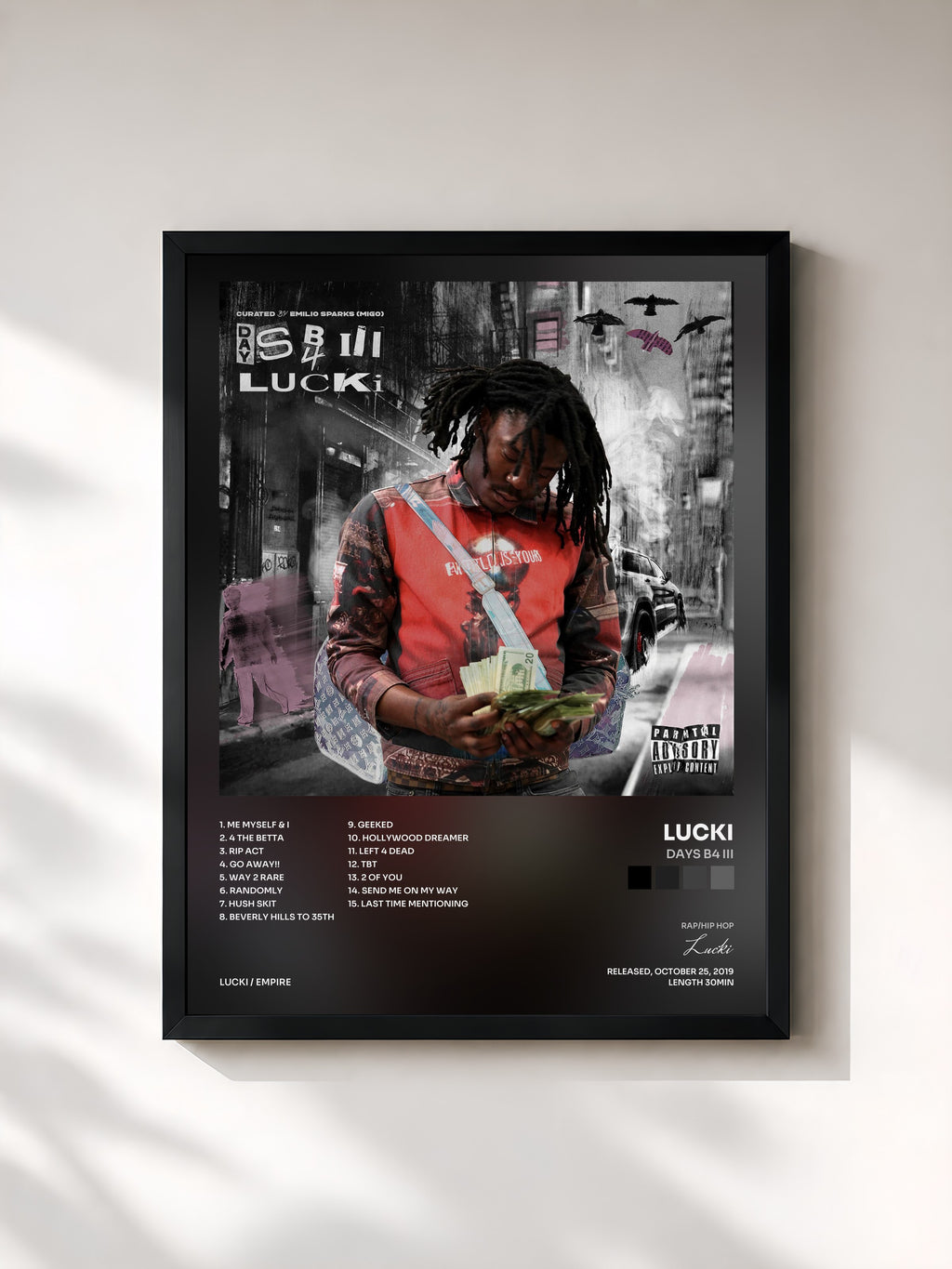 #noir Tableau de l'album Days B4 III de Lucki, cadre noir, imprimé et encadré en France