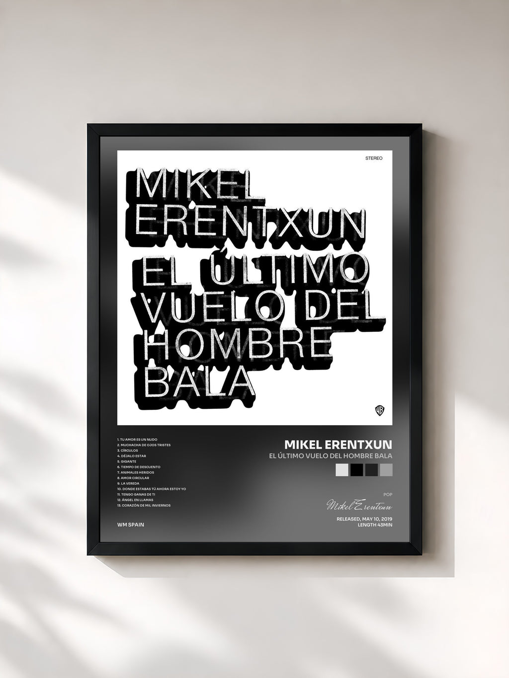 #noir Tableau de l'album El último vuelo del hombre bala de Mikel Erentxun, cadre noir, imprimé et encadré en France