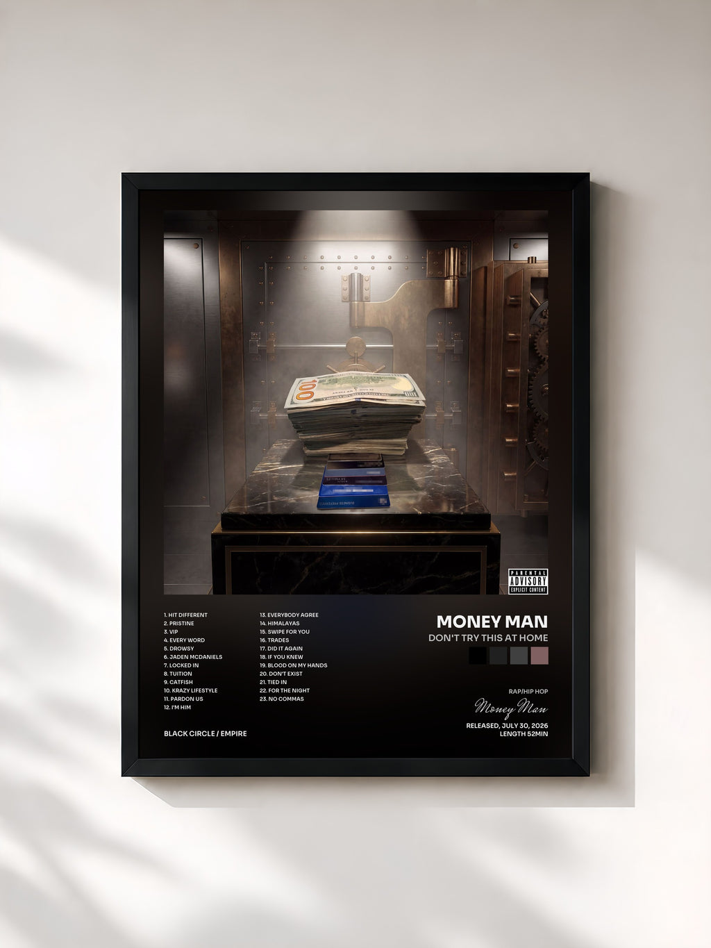 #noir Tableau de l'album Don't Try This At Home de Money Man, cadre noir, imprimé et encadré en France