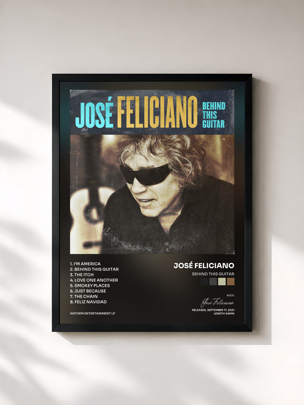 #noir Tableau de l'album Behind This Guitar de José Feliciano, cadre noir, imprimé et encadré en France