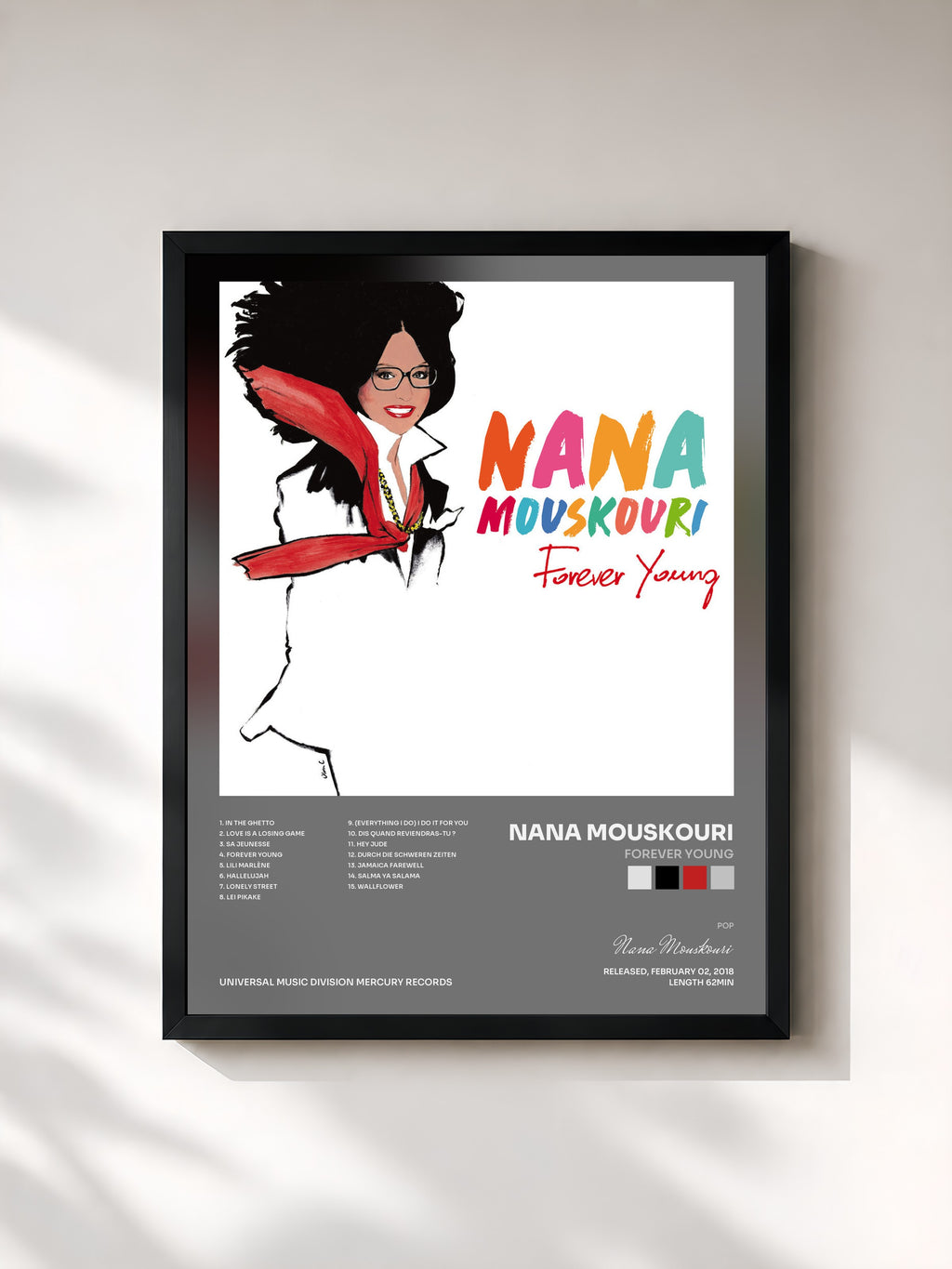 #noir Tableau de l'album Forever Young de Nana Mouskouri, cadre noir, imprimé et encadré en France