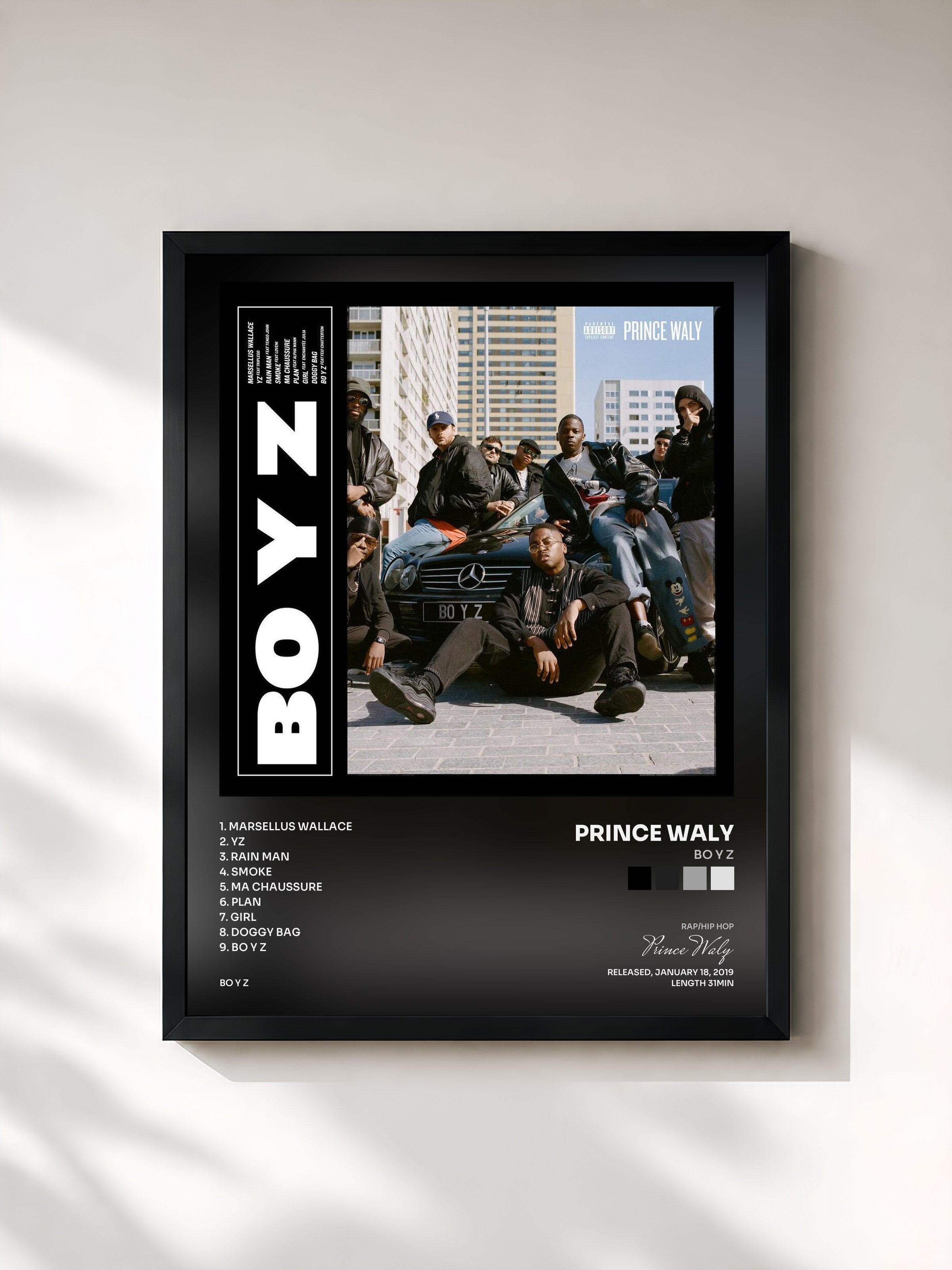 #noir Tableau de l'album BO Y Z de Prince Waly, cadre noir, imprimé et encadré en France