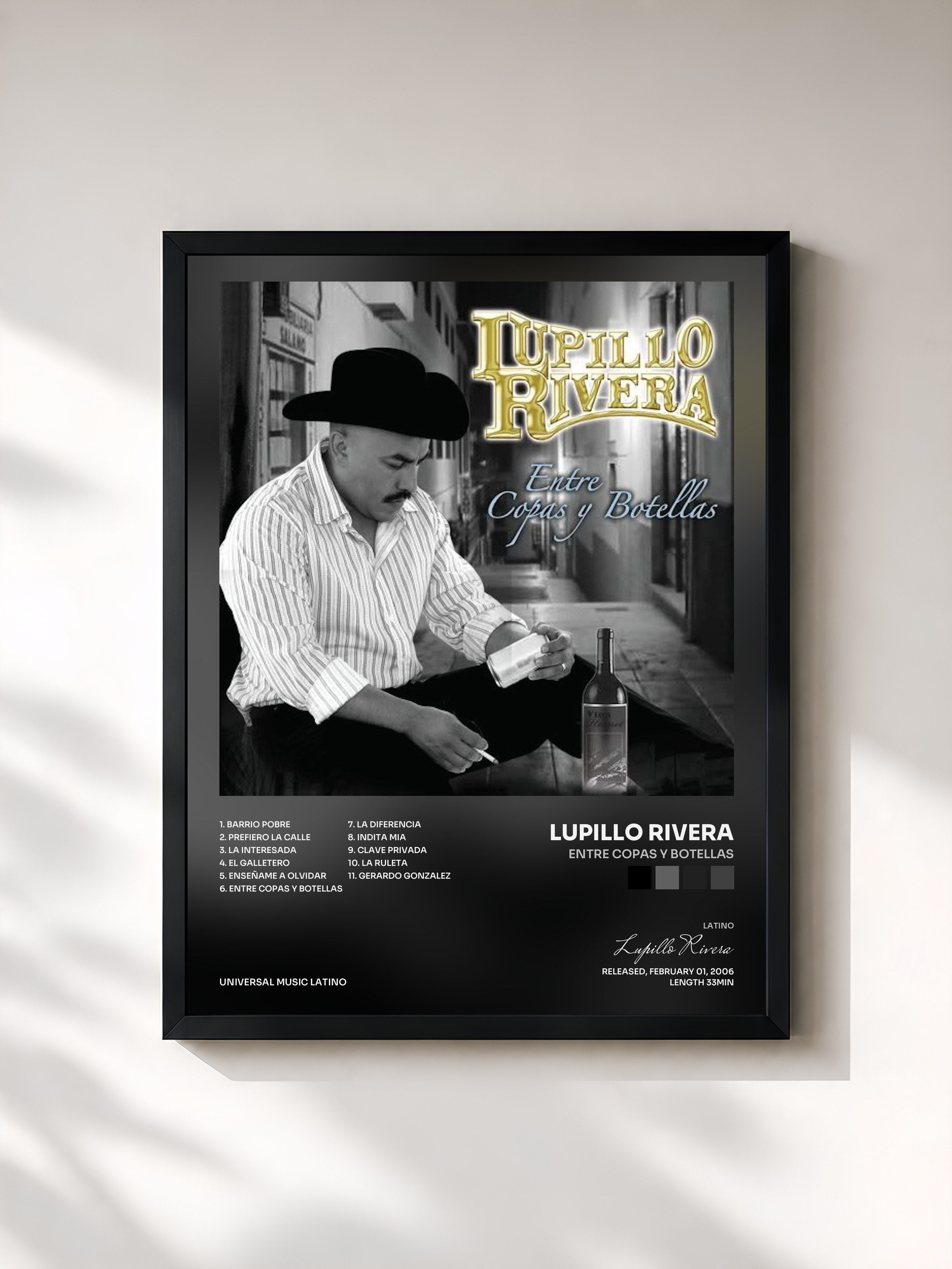 #noir Tableau de l'album Entre Copas Y Botellas de Lupillo Rivera, cadre noir, imprimé et encadré en France