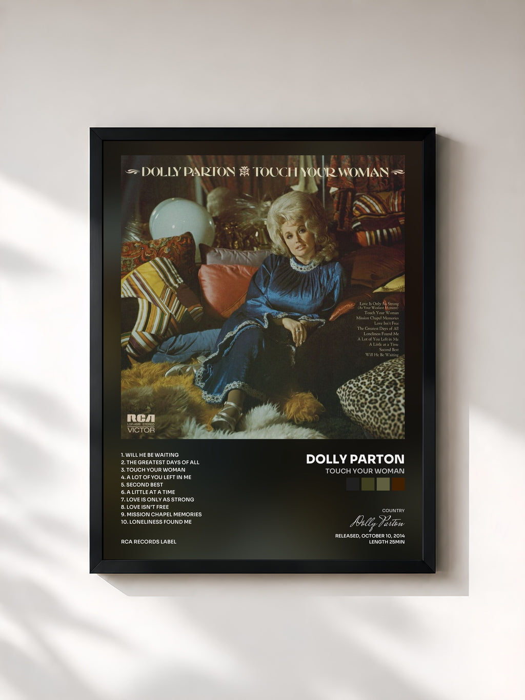 #noir Tableau de l'album Touch Your Woman de Dolly Parton, cadre noir, imprimé et encadré en France