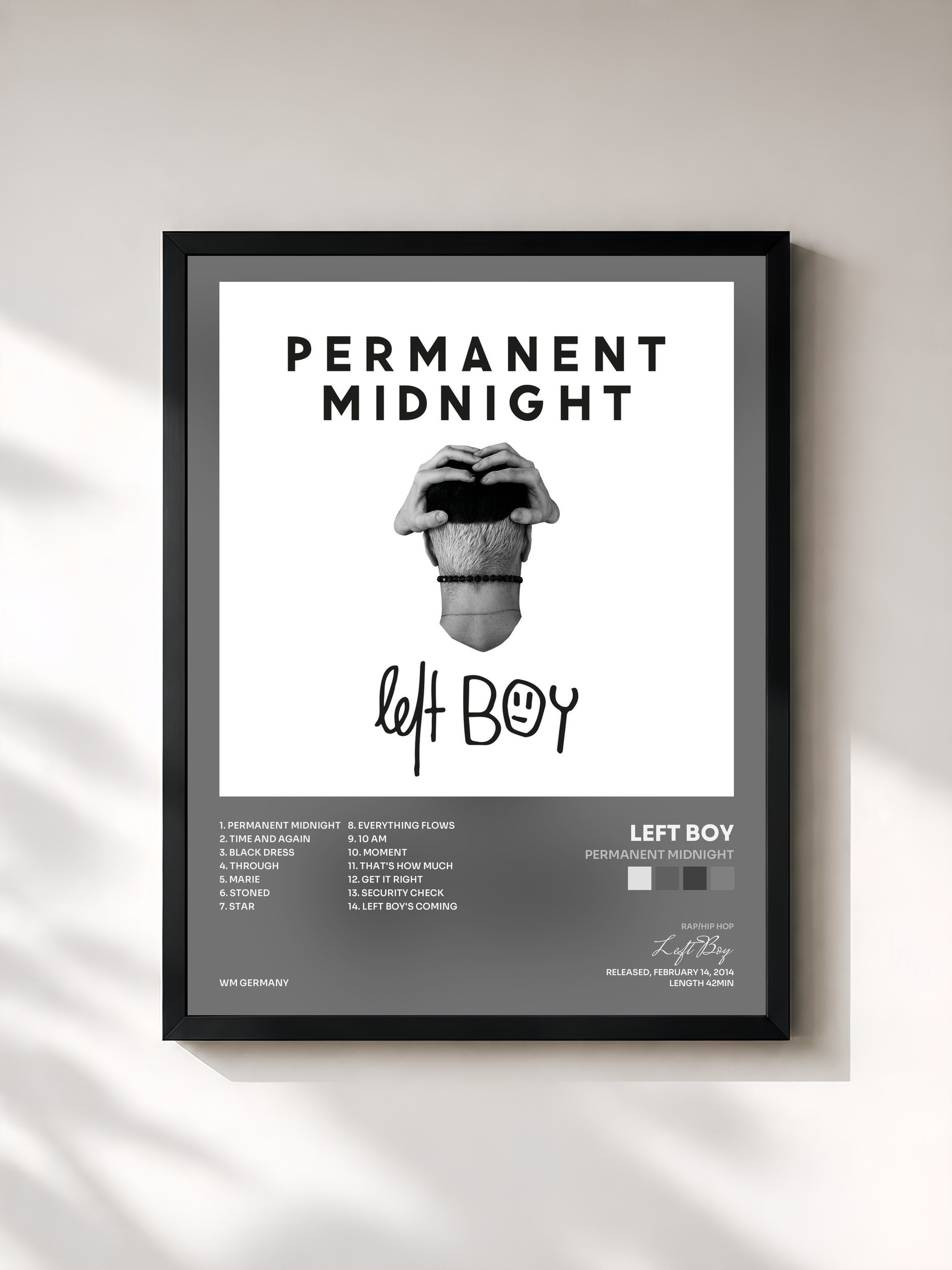 #noir Tableau de l'album Permanent Midnight de Left Boy, cadre noir, imprimé et encadré en France