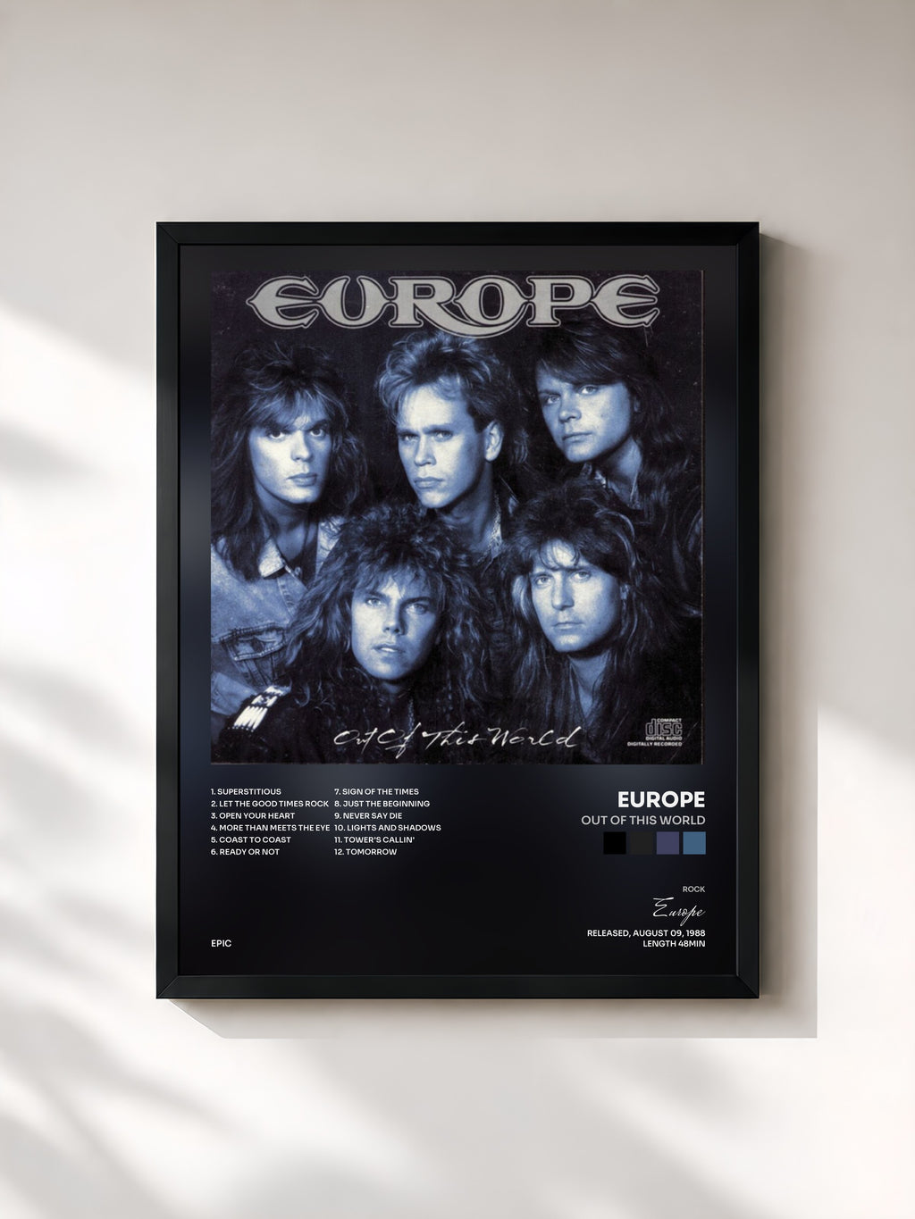 #noir Tableau de l'album Out Of This World de Europe, cadre noir, imprimé et encadré en France