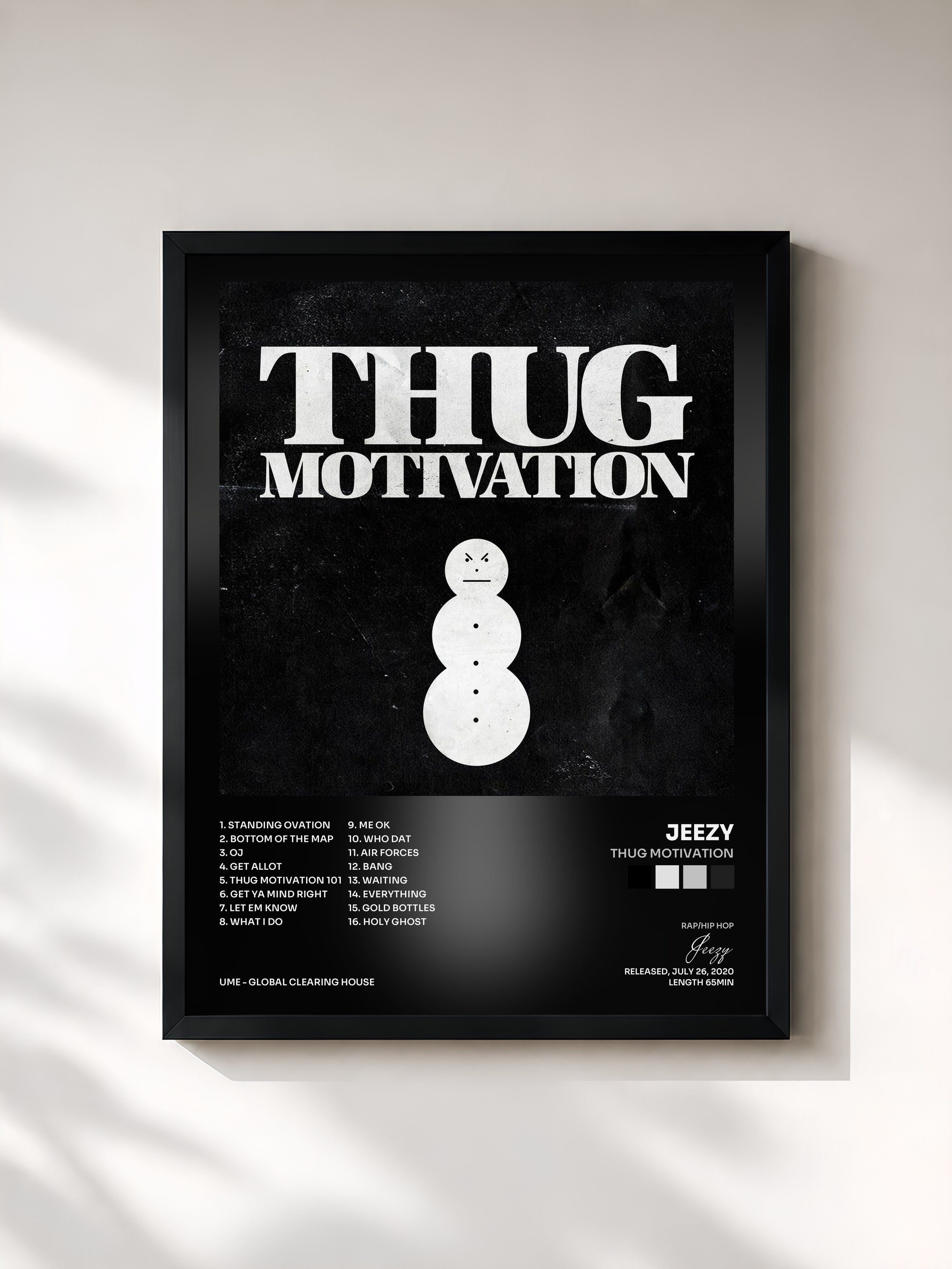 #noir Tableau de l'album Thug Motivation de Jeezy, cadre noir, imprimé et encadré en France