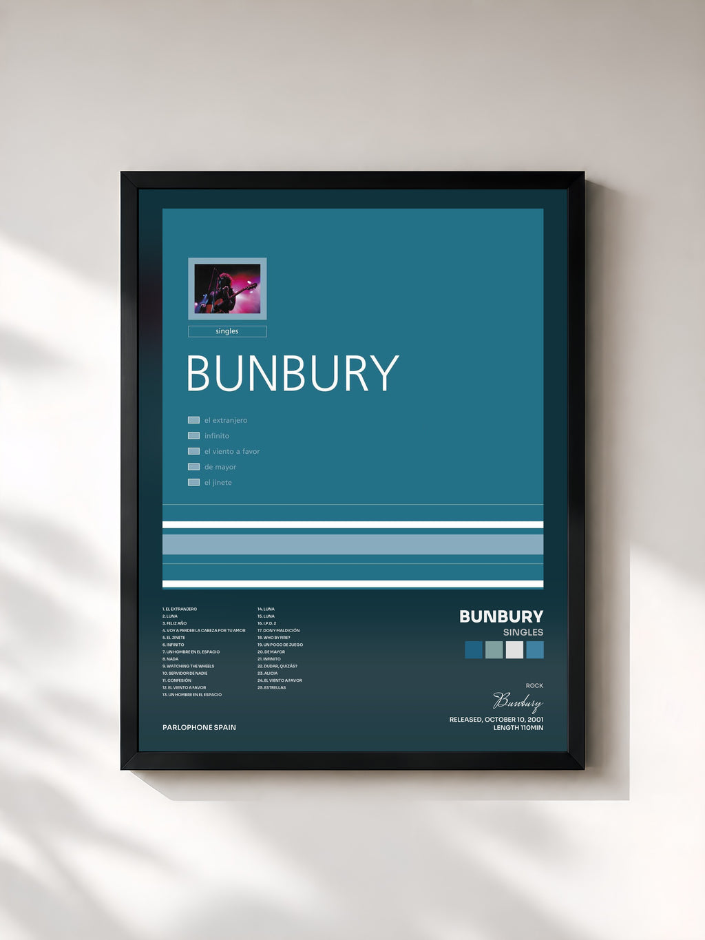 #noir Tableau de l'album Singles de Bunbury, cadre noir, imprimé et encadré en France