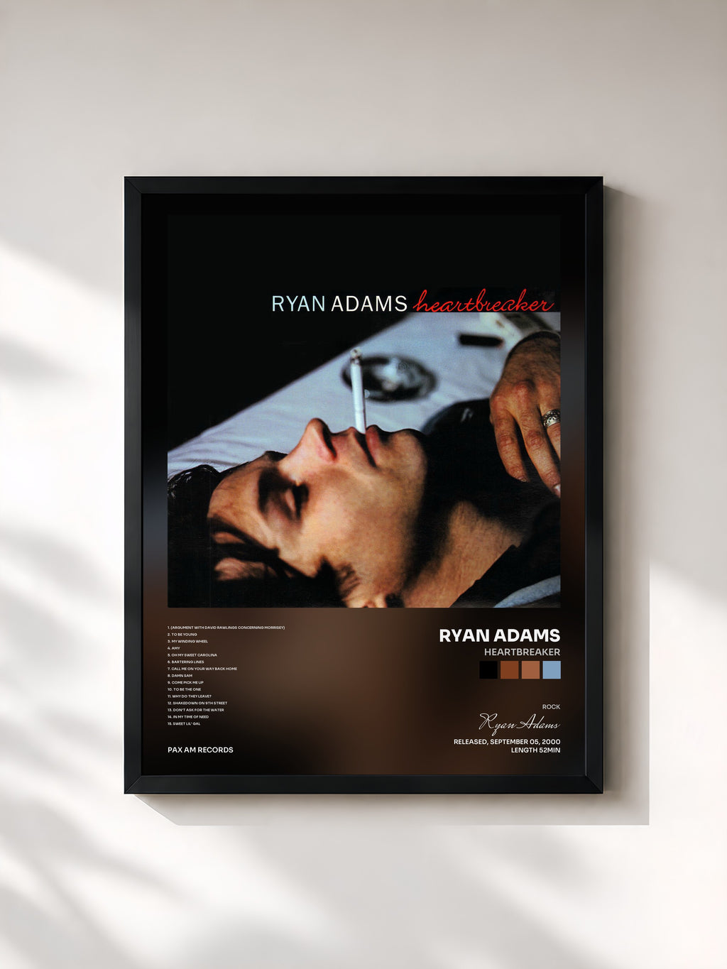 #noir Tableau de l'album Heartbreaker de Ryan Adams, cadre noir, imprimé et encadré en France