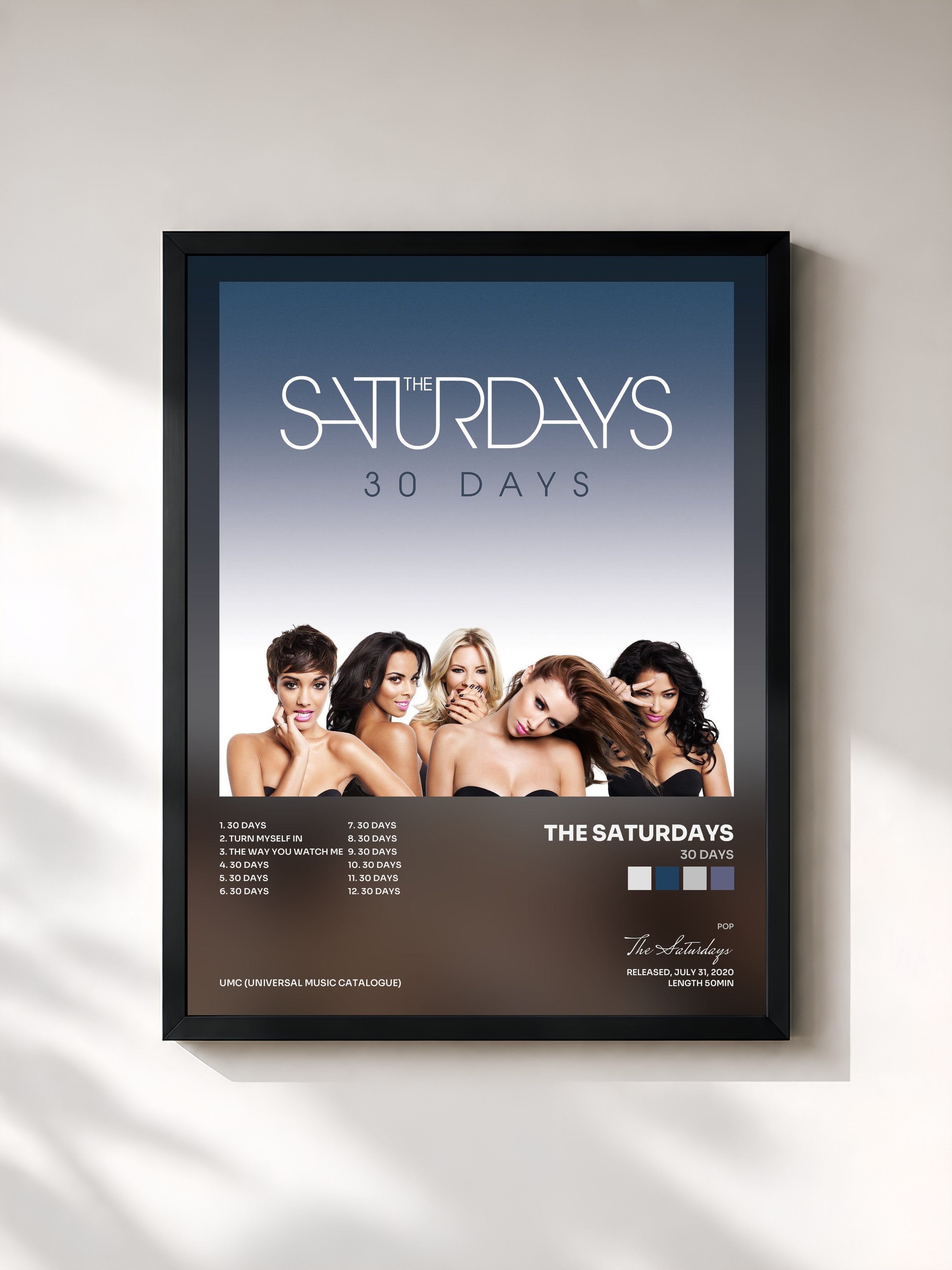 #noir Tableau de l'album 30 Days de The Saturdays, cadre noir, imprimé et encadré en France