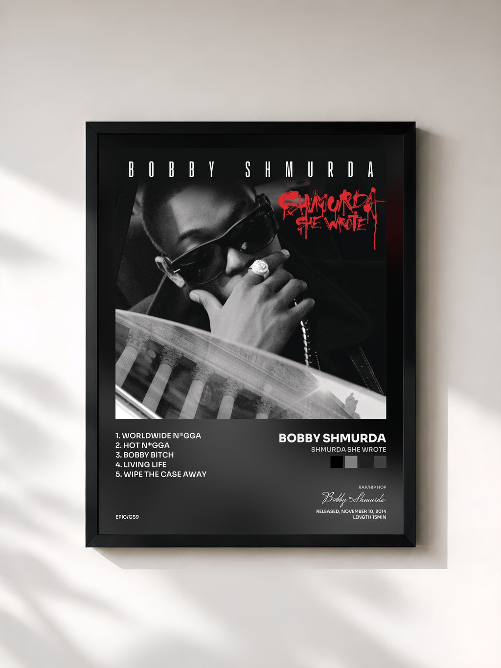 #noir Tableau de l'album Shmurda She Wrote de Bobby Shmurda, cadre noir, imprimé et encadré en France