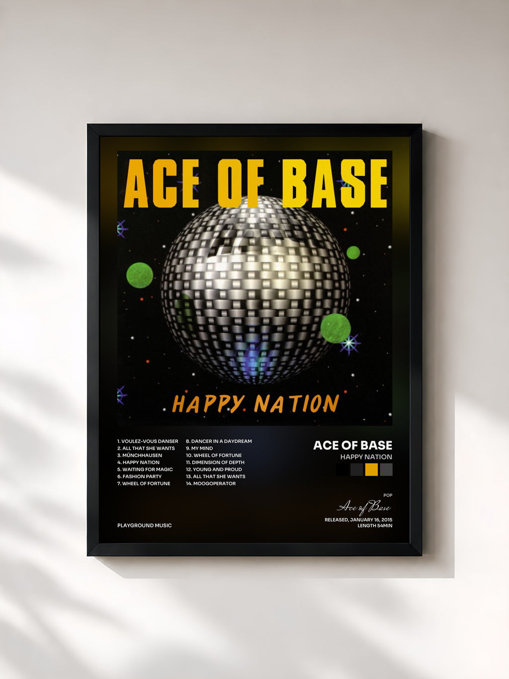 #noir Tableau de l'album Happy Nation de Ace of Base, cadre noir, imprimé et encadré en France