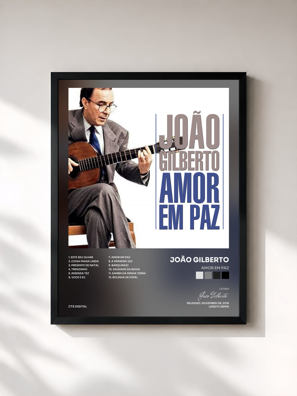 #noir Tableau de l'album Amor Em Paz de João Gilberto, cadre noir, imprimé et encadré en France