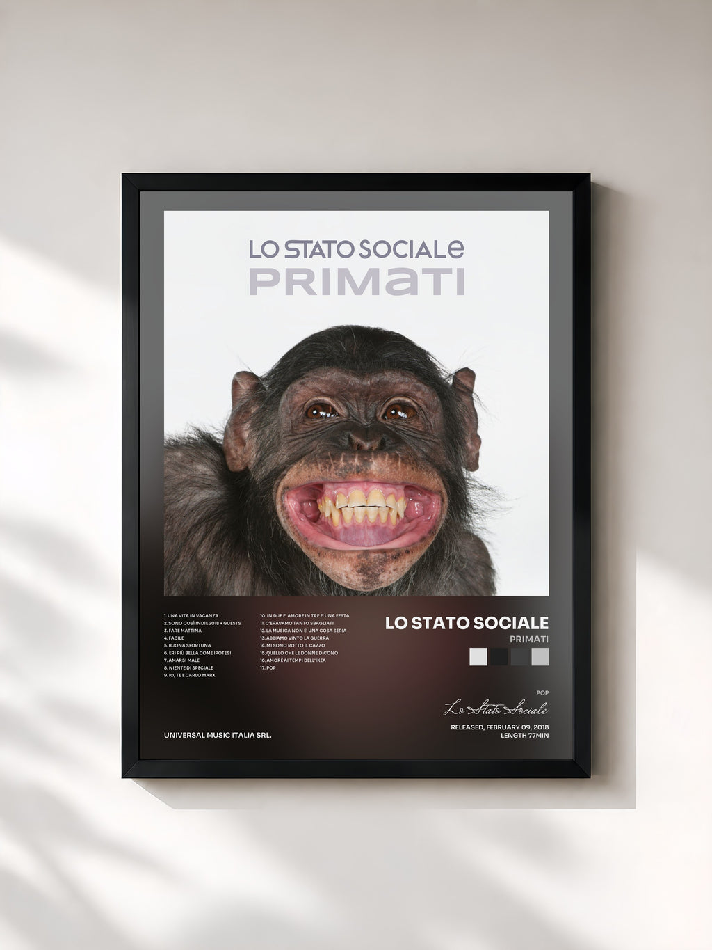 #noir Tableau de l'album Primati de Lo Stato Sociale, cadre noir, imprimé et encadré en France