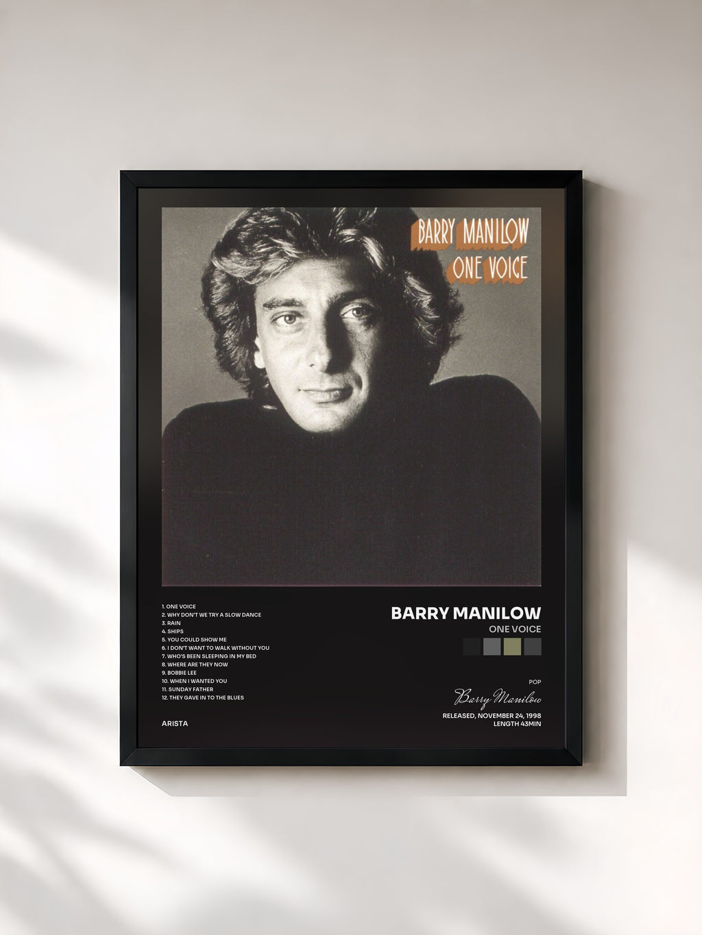 #noir Tableau de l'album One Voice de Barry Manilow, cadre noir, imprimé et encadré en France