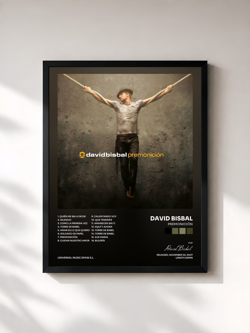 #noir Tableau de l'album Premonición de David Bisbal, cadre noir, imprimé et encadré en France