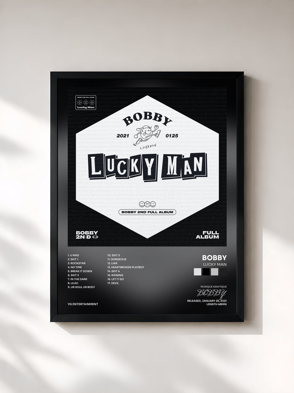 #noir Tableau de l'album LUCKY MAN de BOBBY, cadre noir, imprimé et encadré en France