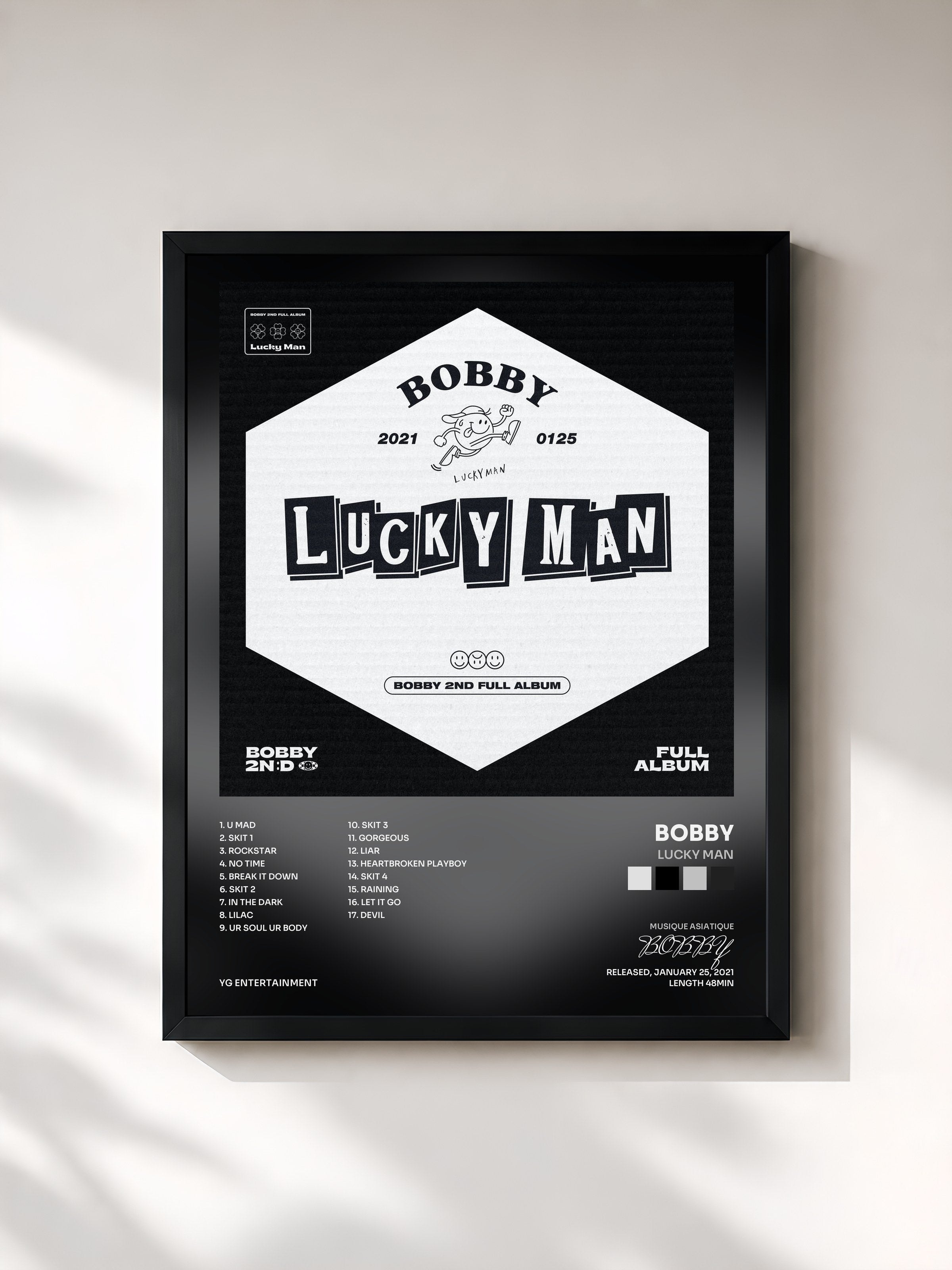 #noir Tableau de l'album LUCKY MAN de BOBBY, cadre noir, imprimé et encadré en France