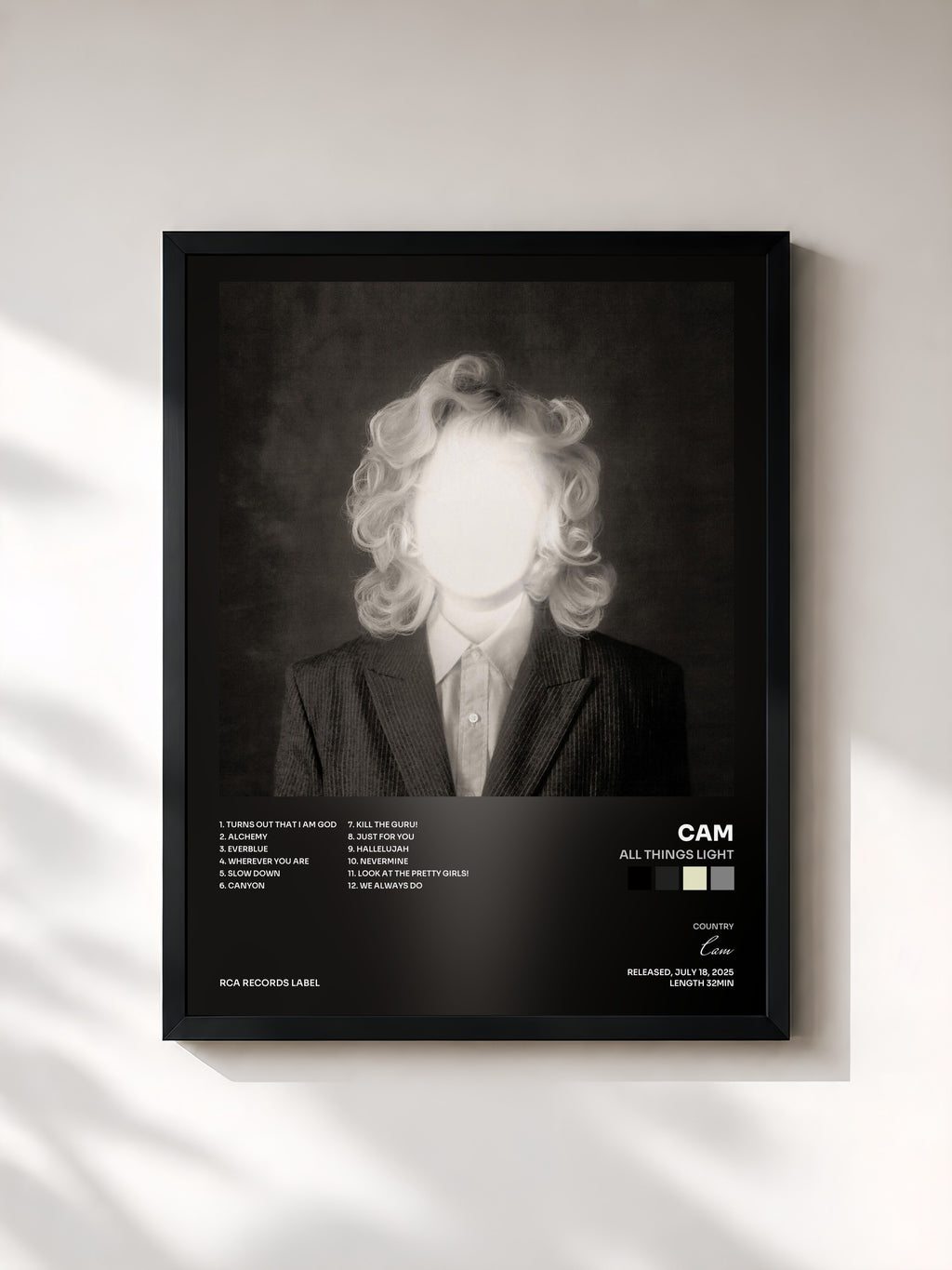 #noir Tableau de l'album All Things Light de Cam, cadre noir, imprimé et encadré en France