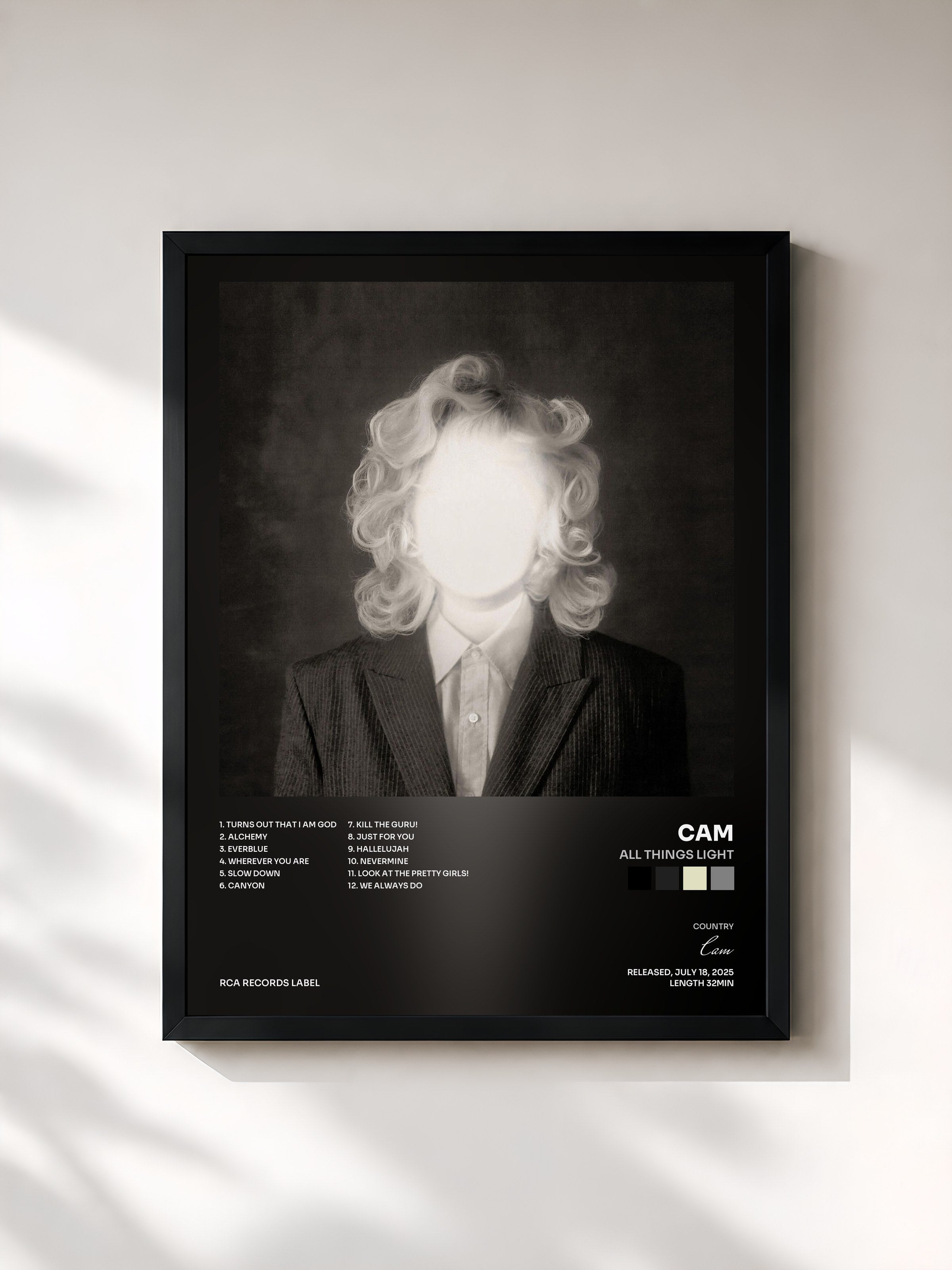 #noir Tableau de l'album All Things Light de Cam, cadre noir, imprimé et encadré en France