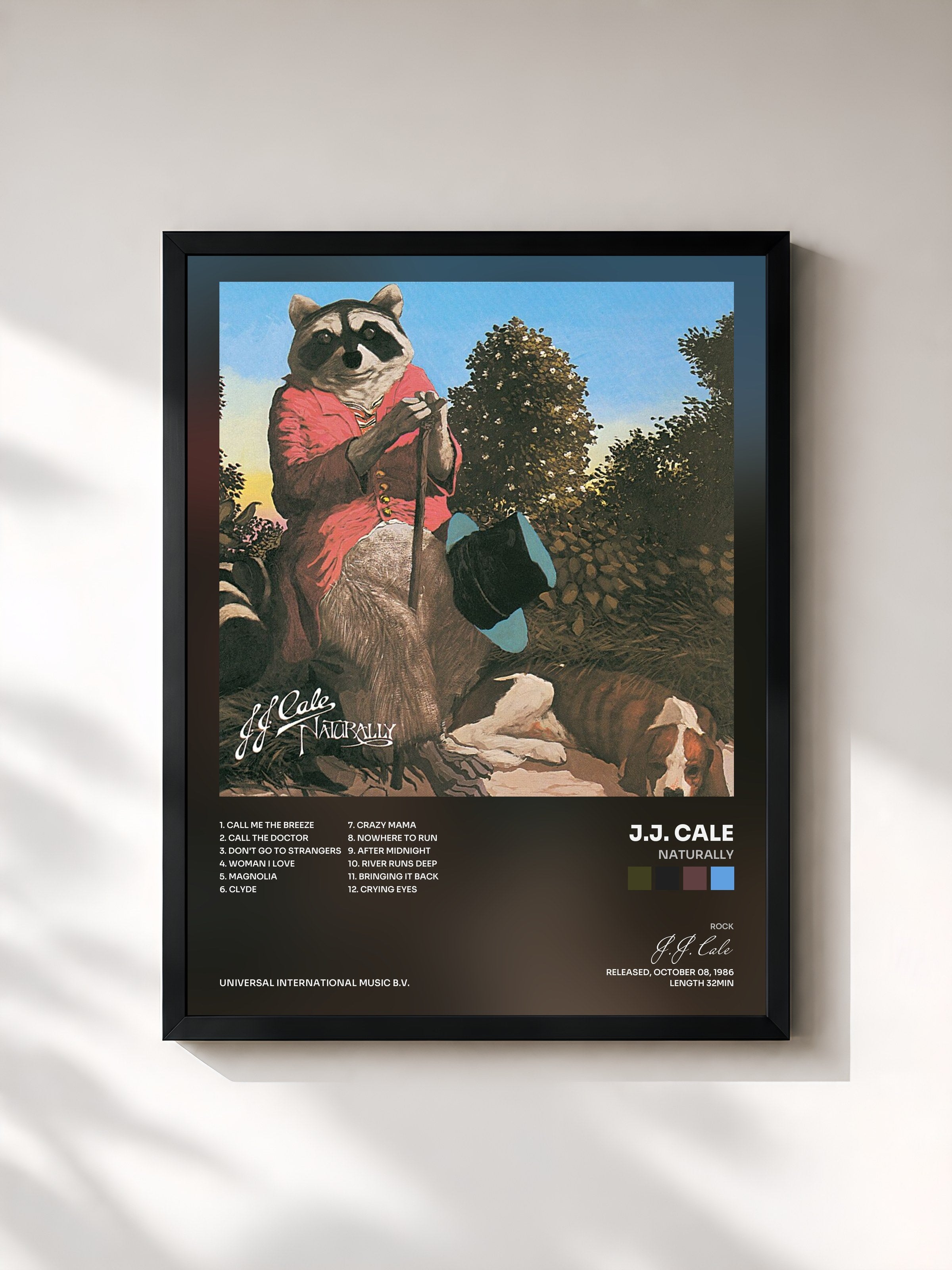 #noir Tableau de l'album Naturally de J.J. Cale, cadre noir, imprimé et encadré en France