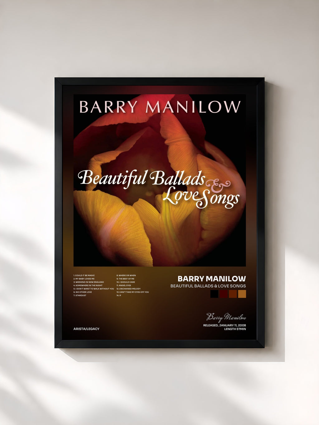 #noir Tableau de l'album Beautiful Ballads & Love Songs de Barry Manilow, cadre noir, imprimé et encadré en France
