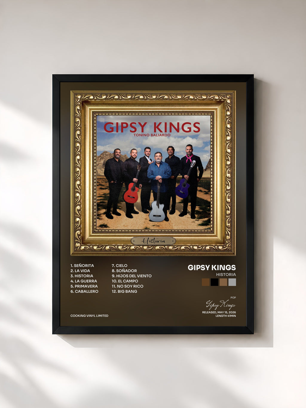 #noir Tableau de l'album Historia de Gipsy Kings, cadre noir, imprimé et encadré en France