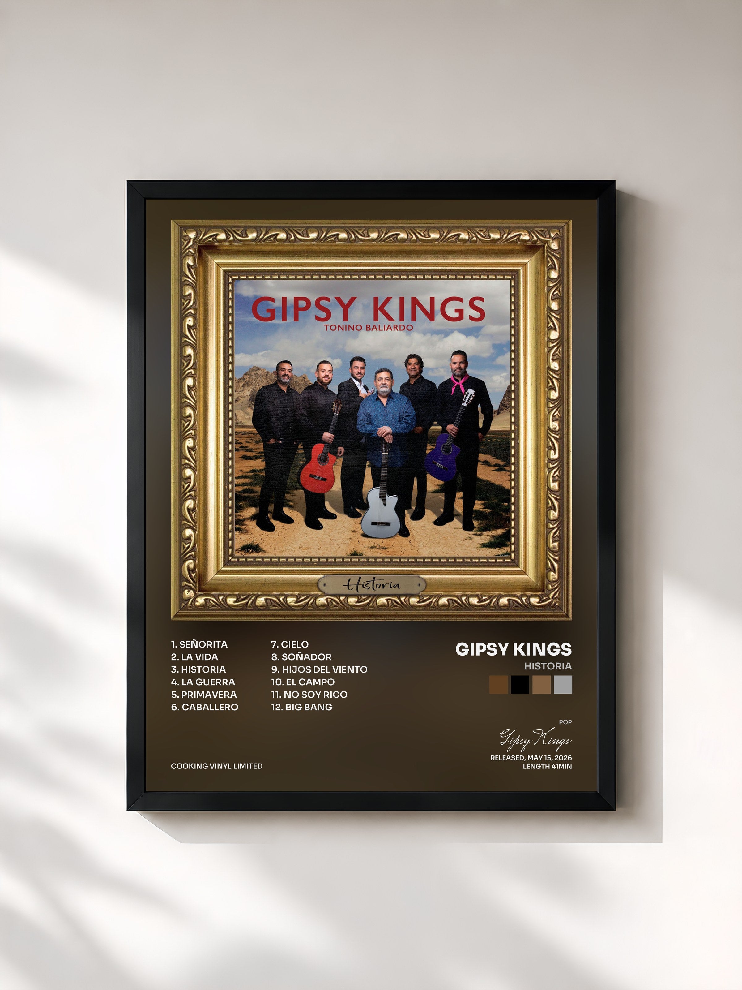 #noir Tableau de l'album Historia de Gipsy Kings, cadre noir, imprimé et encadré en France