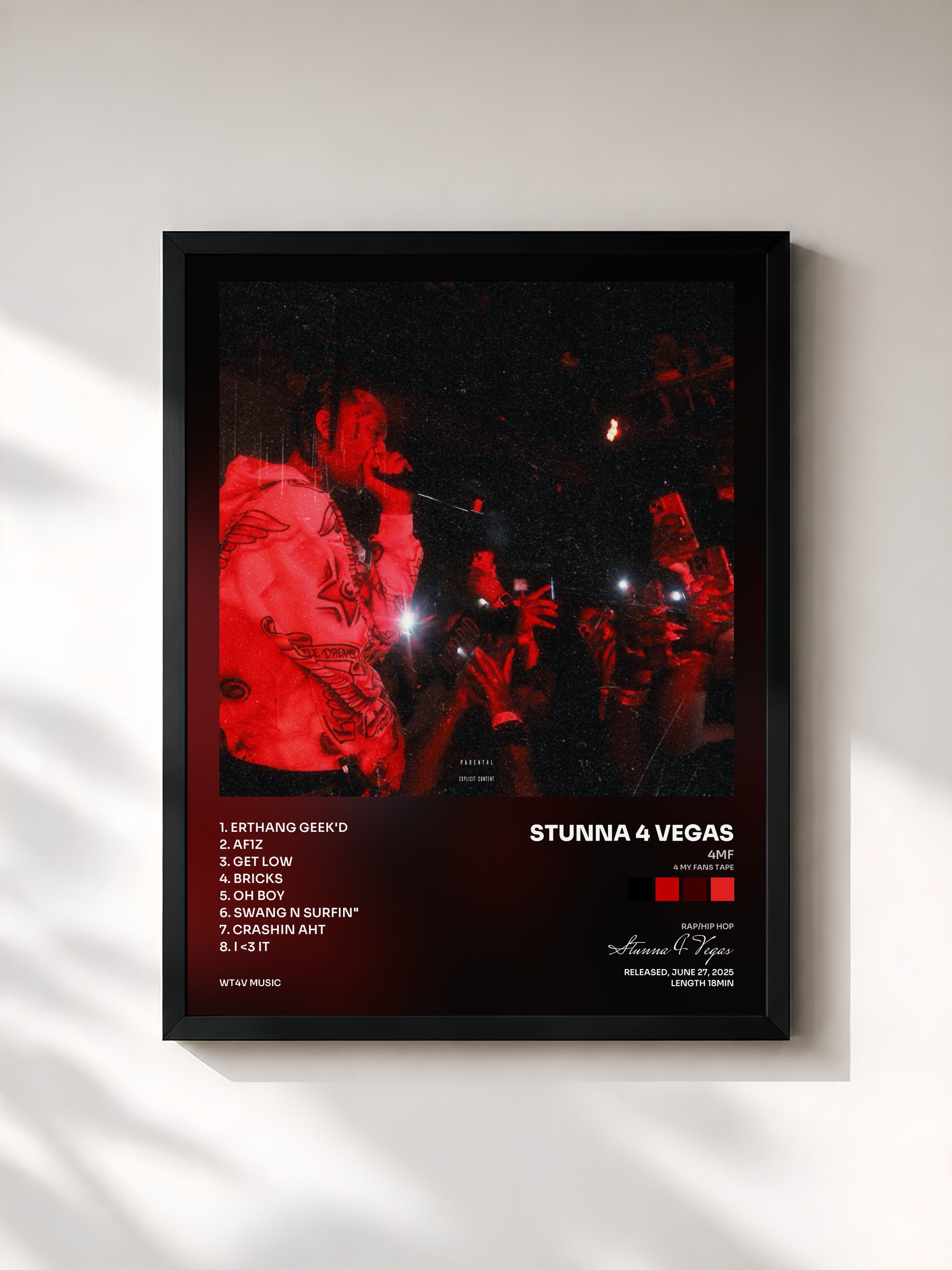 #noir Tableau de l'album 4MF (4 MY FANS TAPE) de Stunna 4 Vegas, cadre noir, imprimé et encadré en France