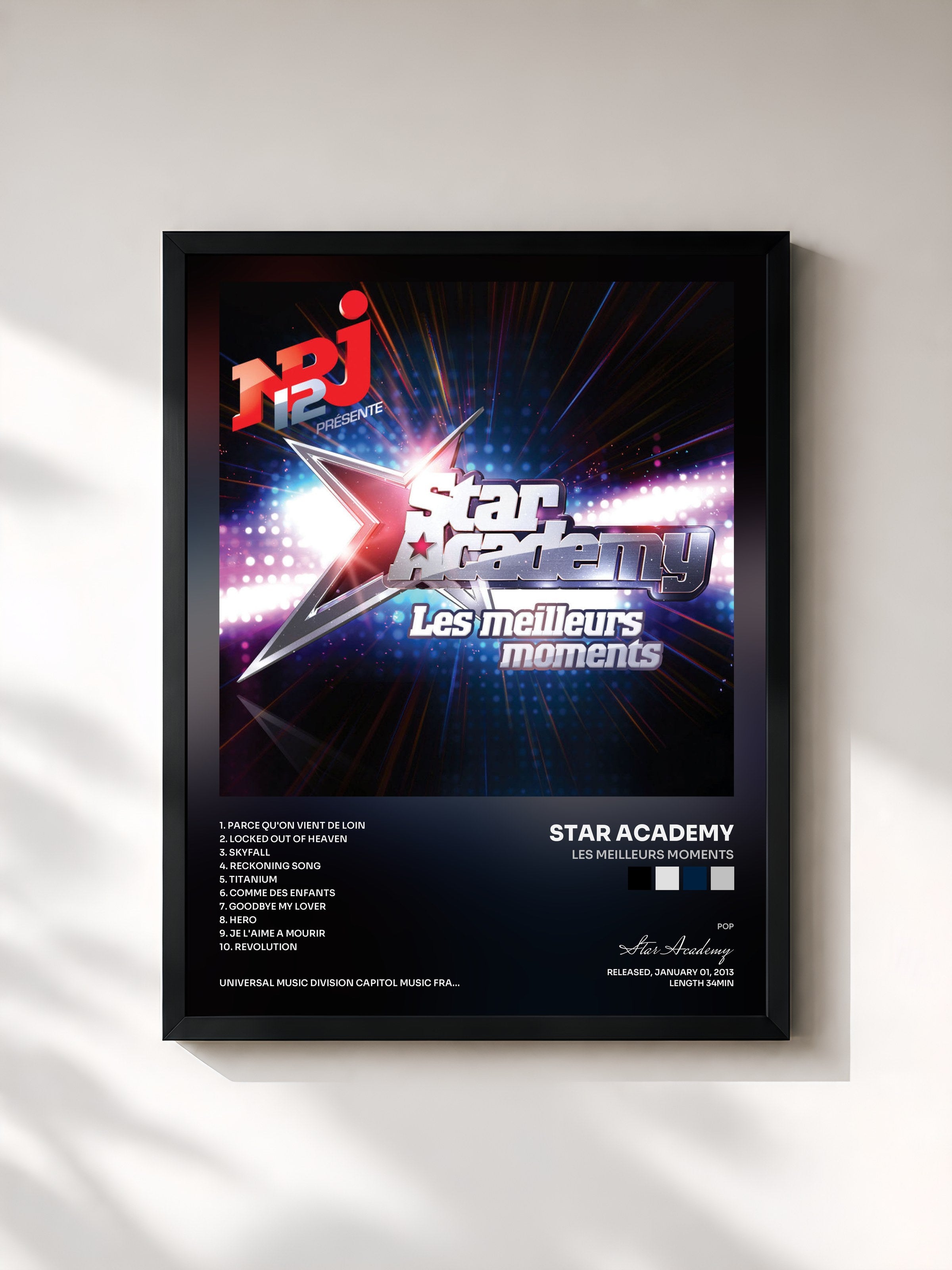#noir Tableau de l'album Les Meilleurs Moments de Star Academy, cadre noir, imprimé et encadré en France