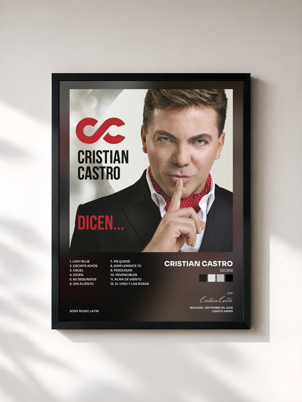 #noir Tableau de l'album Dicen de Cristian Castro, cadre noir, imprimé et encadré en France