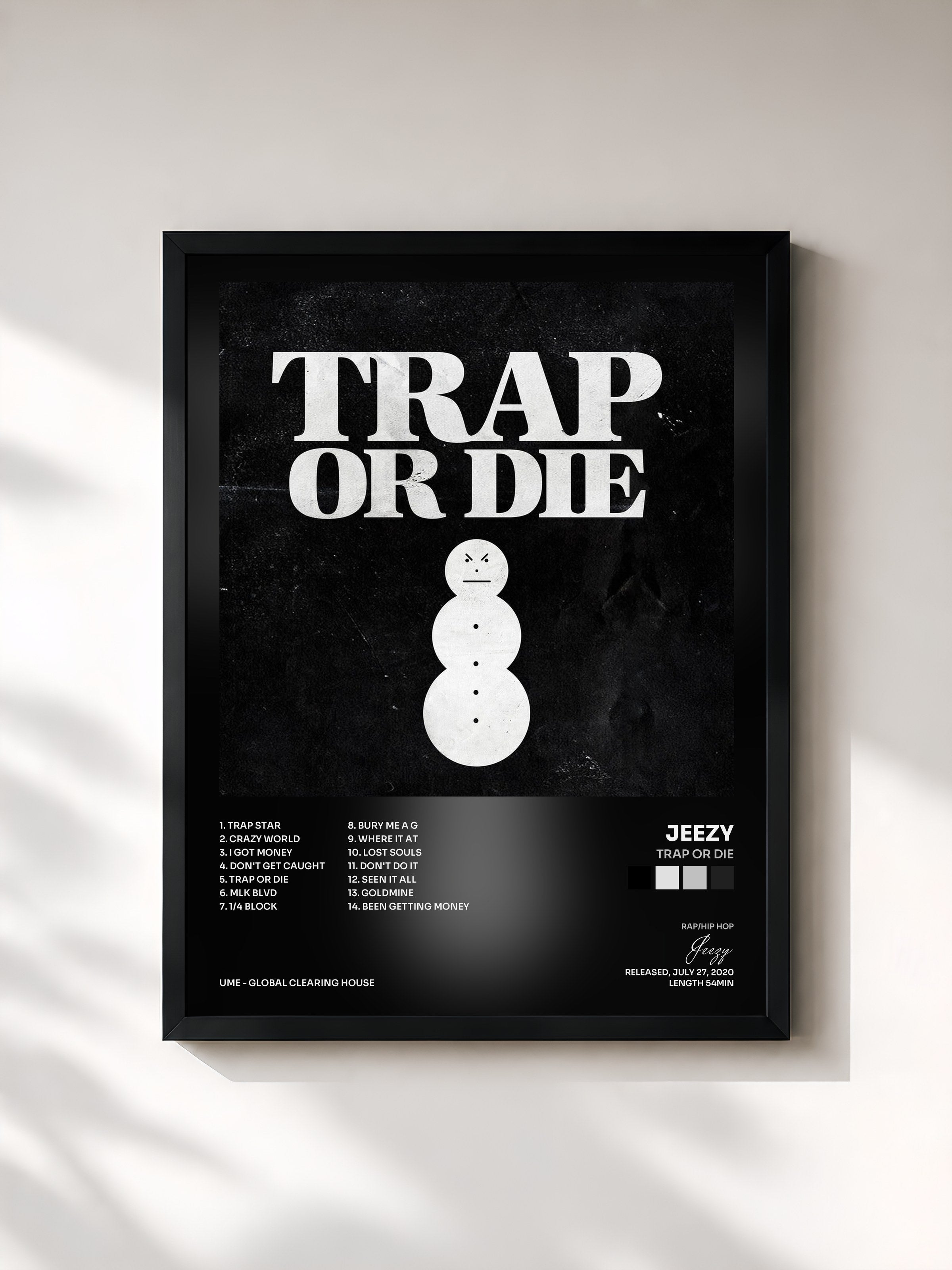 #noir Tableau de l'album Trap or Die de Jeezy, cadre noir, imprimé et encadré en France