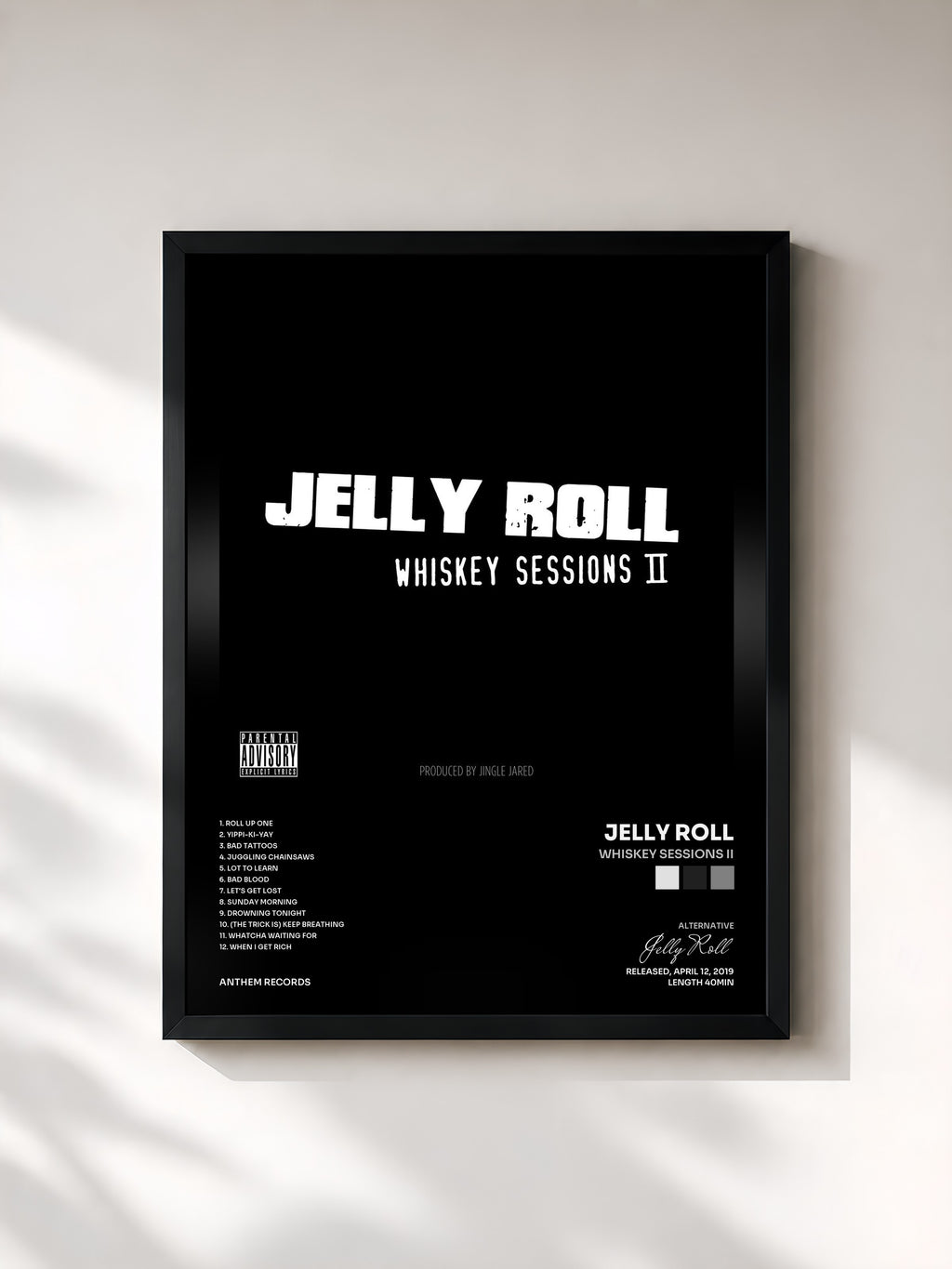 #noir Tableau de l'album Whiskey Sessions II de Jelly Roll, cadre noir, imprimé et encadré en France