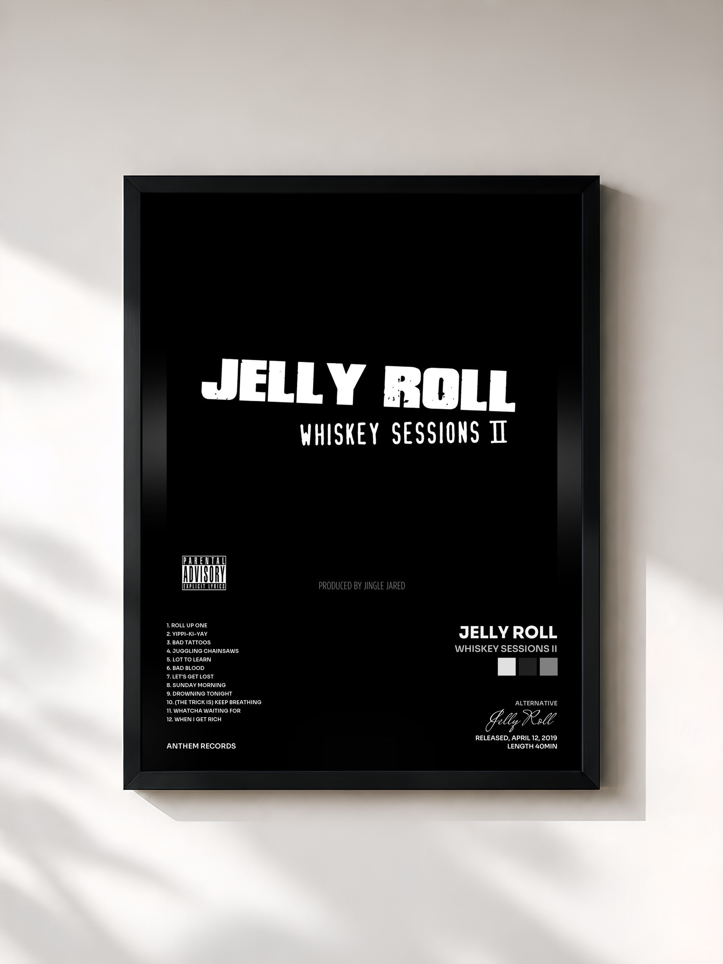 #noir Tableau de l'album Whiskey Sessions II de Jelly Roll, cadre noir, imprimé et encadré en France