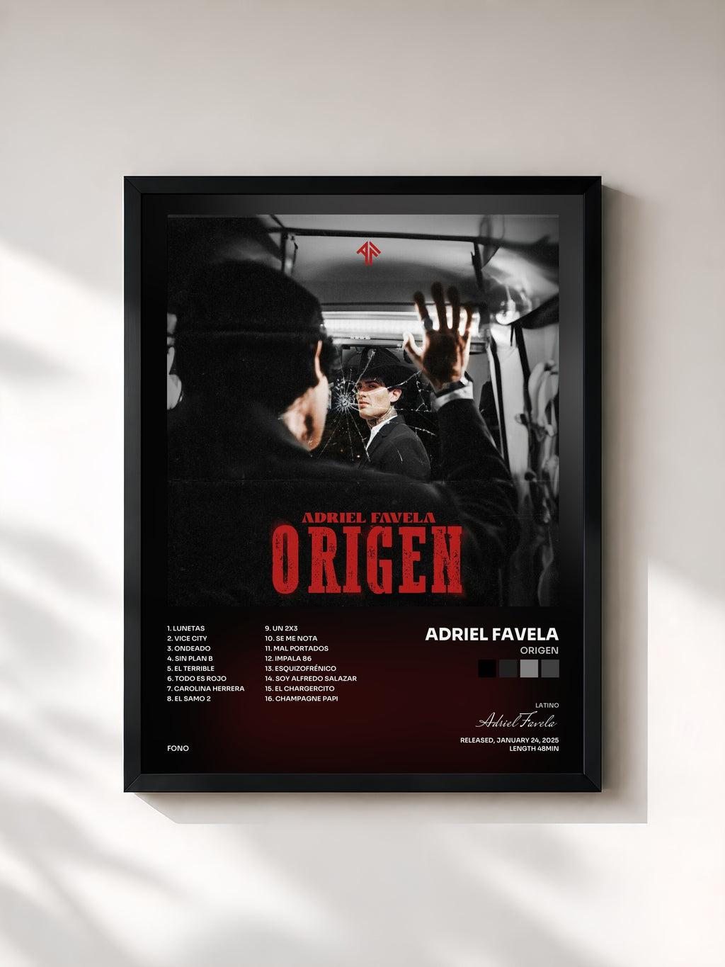 #noir Tableau de l'album Origen de Adriel Favela, cadre noir, imprimé et encadré en France