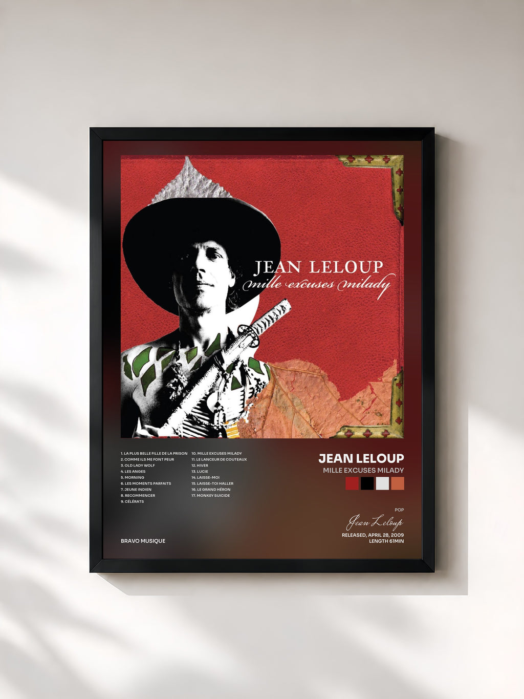 #noir Tableau de l'album Mille excuses Milady de Jean Leloup, cadre noir, imprimé et encadré en France